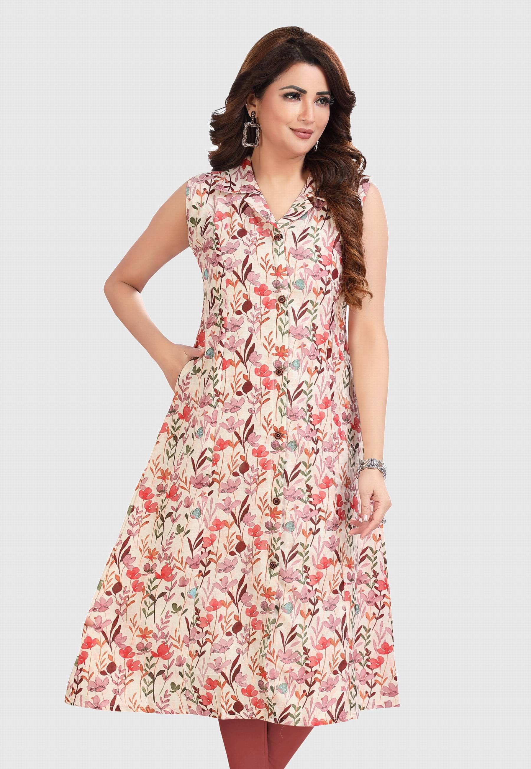     			Meher Impex Women's Cotton Blend Printed Front Slit Kurti - ( Peach )