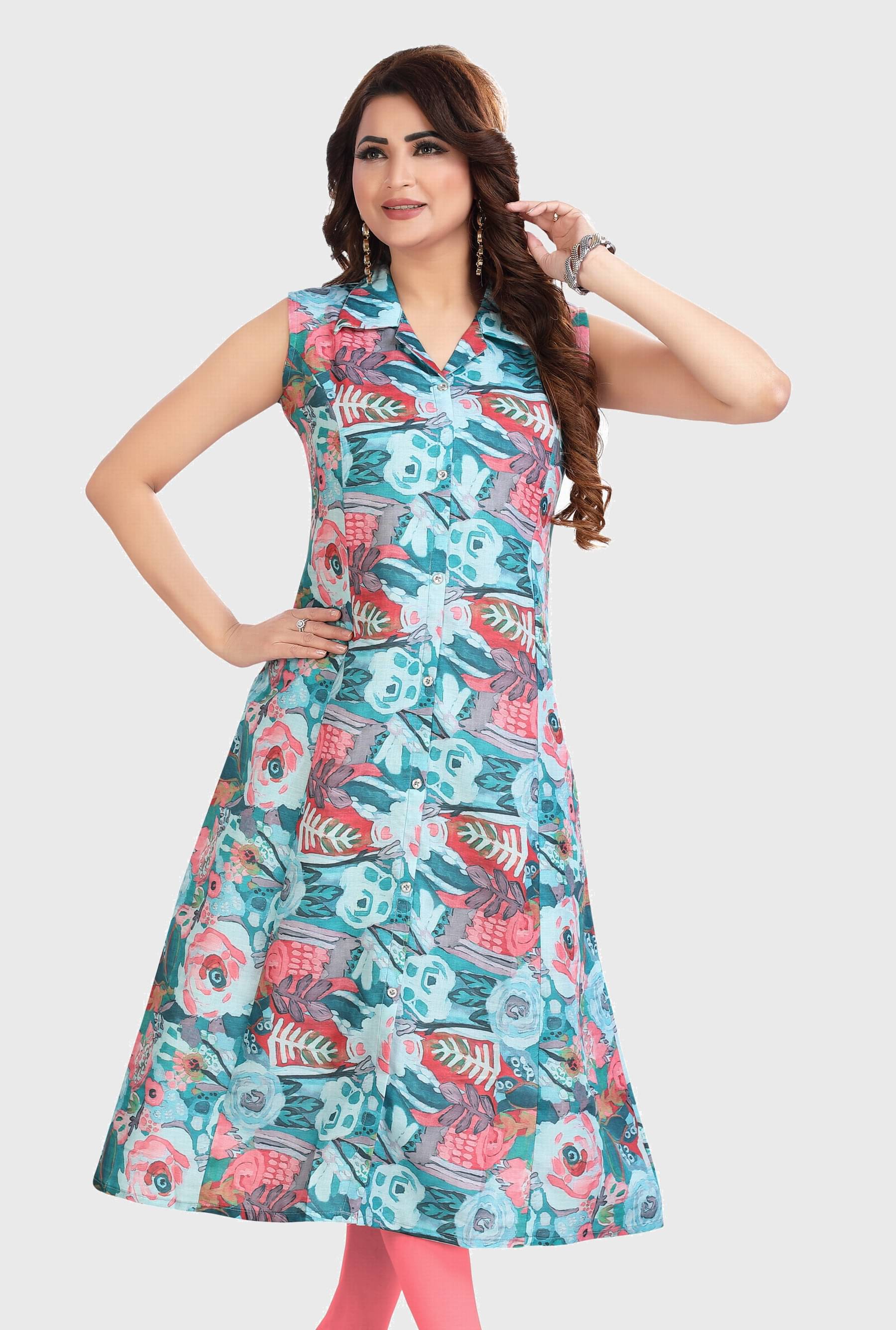 Meher Impex Women's Cotton Blend Printed Front Slit Kurti - ( Blue ) Meher Impex Women's Cotton Blend Printed Front Slit Kurti - ( Blue )