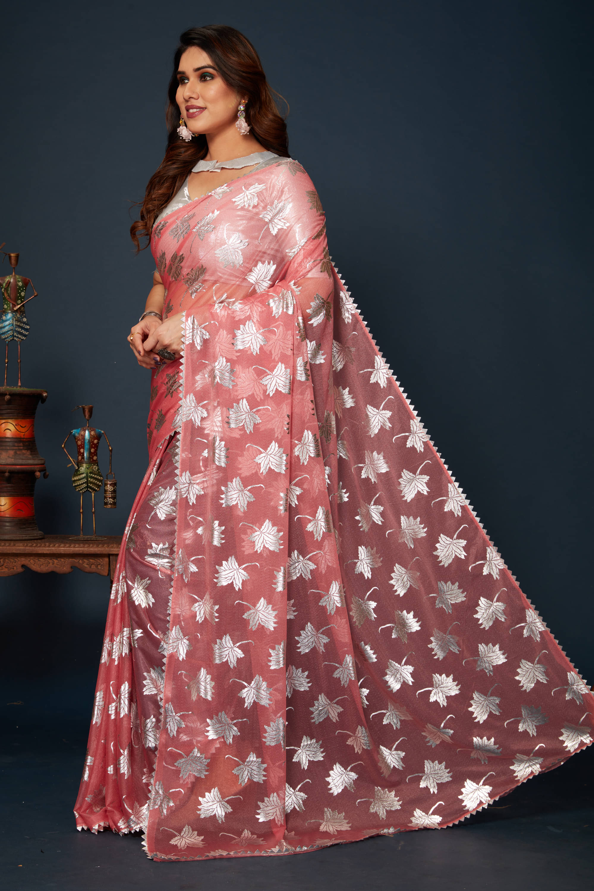     			Parmila Fashion Chiffon Embellished Saree With Unstitched Blouse Piece ( Pink )