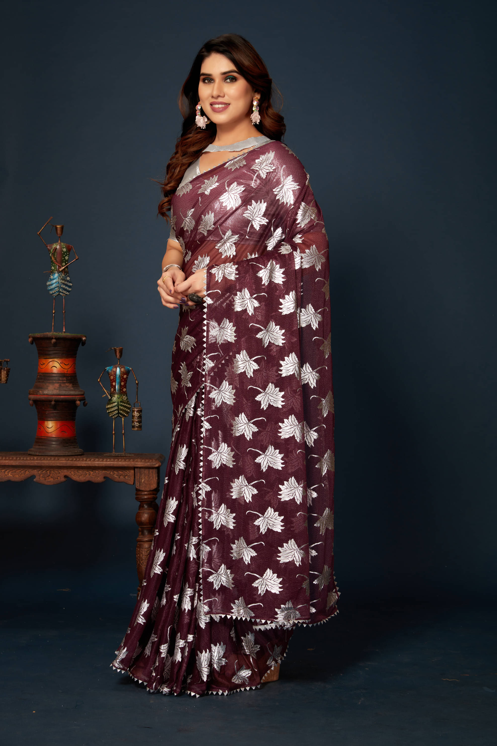     			Parmila Fashion Chiffon Embellished Saree With Unstitched Blouse Piece ( Purple )