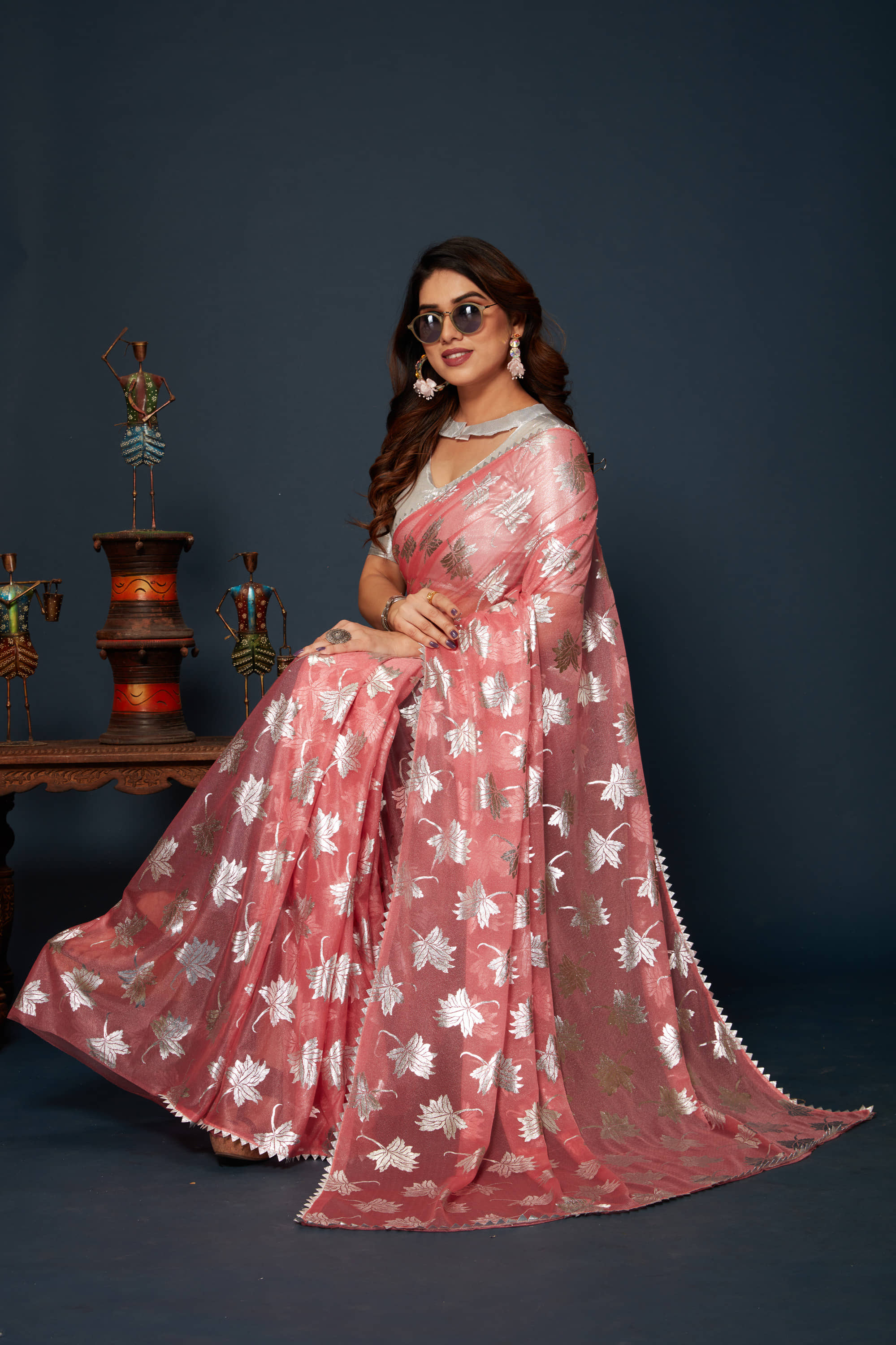Parmila Fashion Chiffon Embellished Saree With Unstitched Blouse Piece ( Pink ) - Sarees | Buy online on ZillyBuy