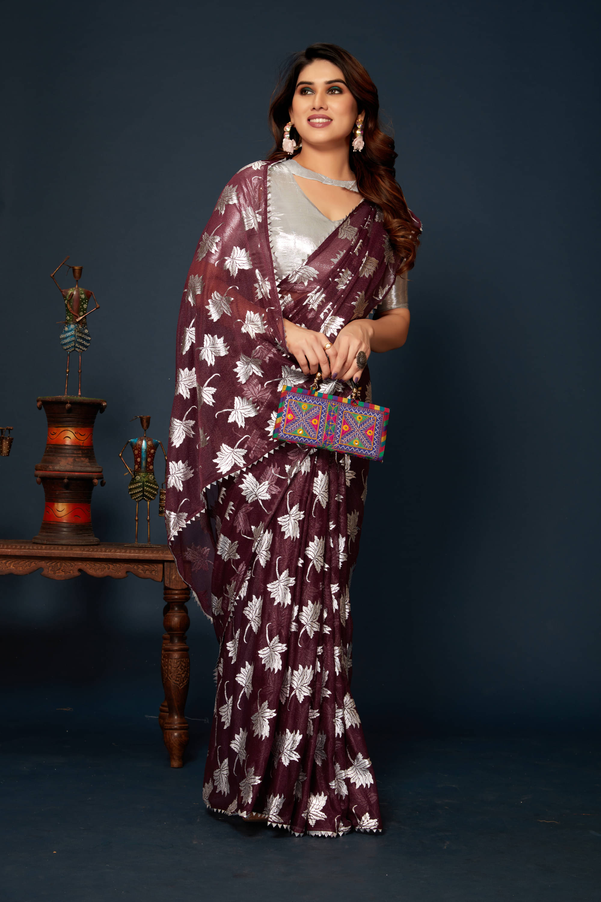     			Parmila Fashion Chiffon Embellished Saree With Unstitched Blouse Piece ( Purple )