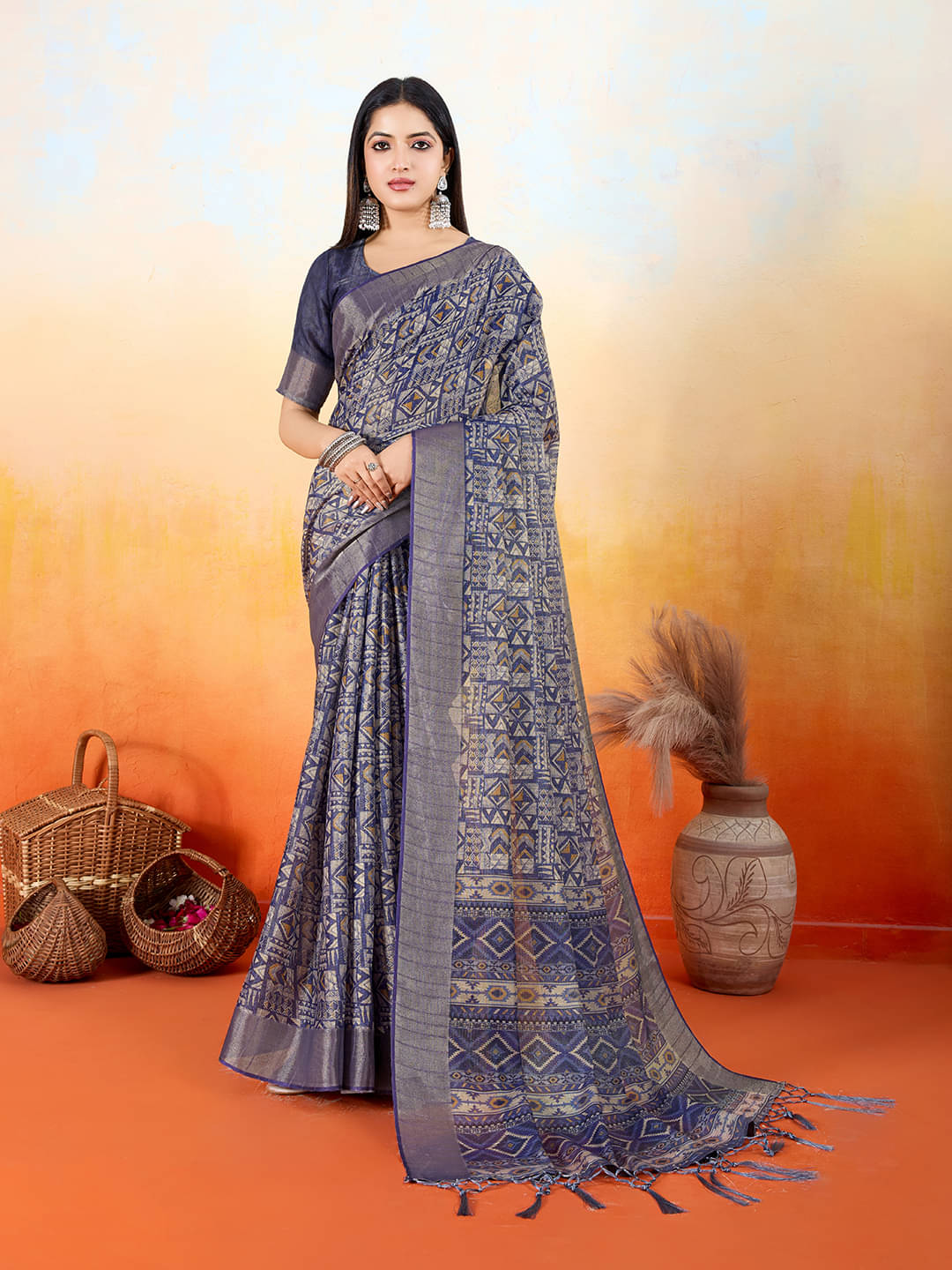 Rekha Maniyar Silk Blend Printed Saree With Unstitched Blouse Piece ( Blue ) Rekha Maniyar Silk Blend Printed Saree With Unstitched Blouse Piece ( Blue )