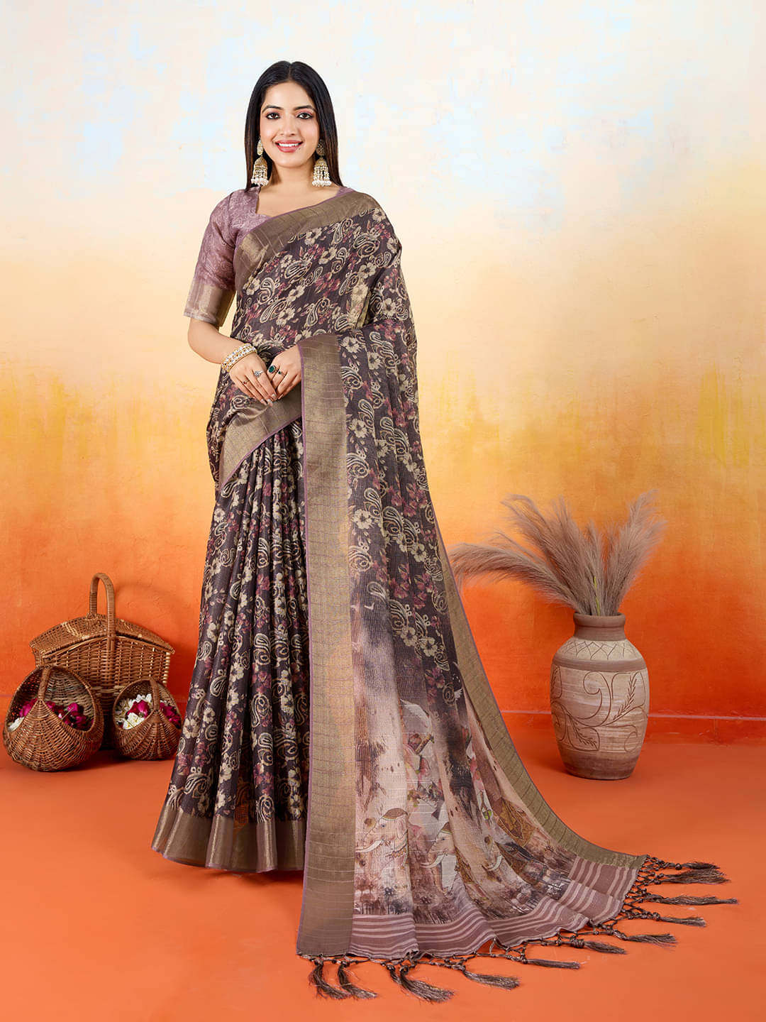 Rekha Maniyar Silk Blend Printed Saree With Unstitched Blouse Piece ( Brown ) Rekha Maniyar Silk Blend Printed Saree With Unstitched Blouse Piece ( Brown )