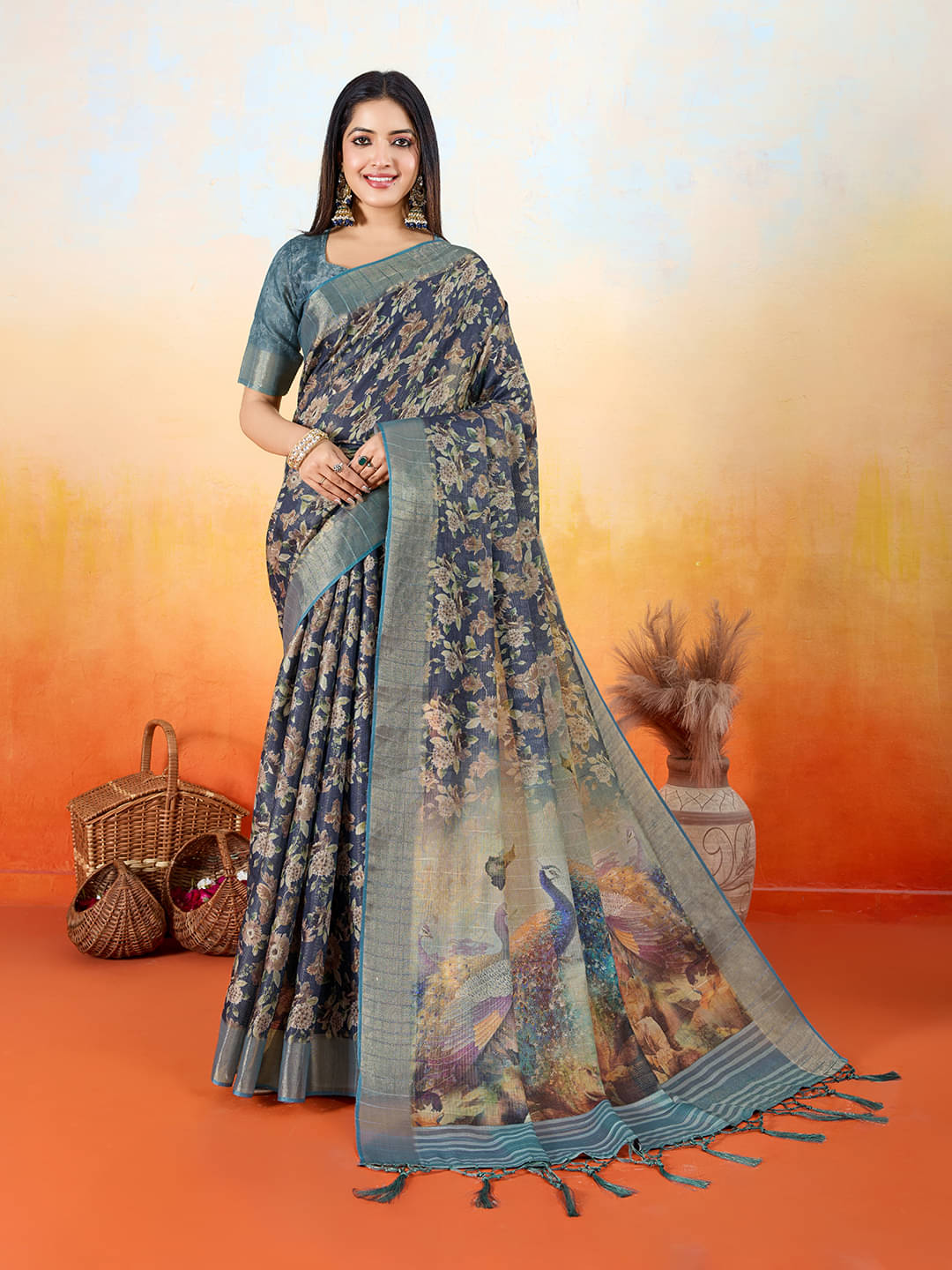    			Rekha Maniyar Silk Blend Printed Saree With Unstitched Blouse Piece ( Blue )