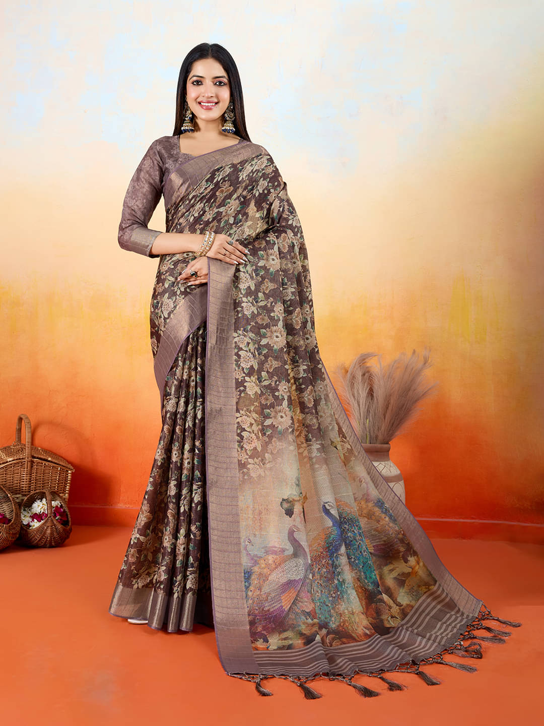     			Rekha Maniyar Silk Blend Printed Saree With Unstitched Blouse Piece ( Brown )