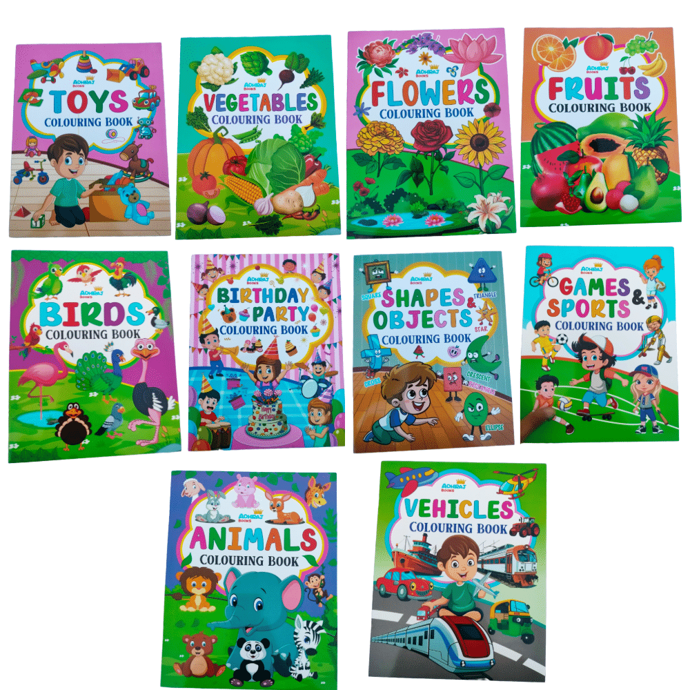 Set of 10 Colouring Books (A4 Size) – Fruits, Animals, Vehicles & More Set of 10 Colouring Books (A4 Size) – Fruits, Animals, Vehicles & More
