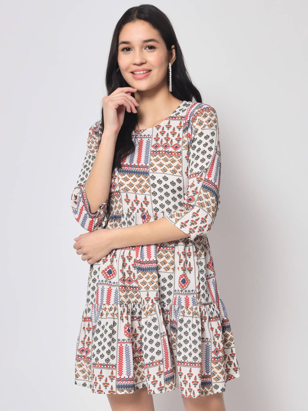     			Sitaram Designer Women's Rayon Printed Fit & Flare Dress ( White )