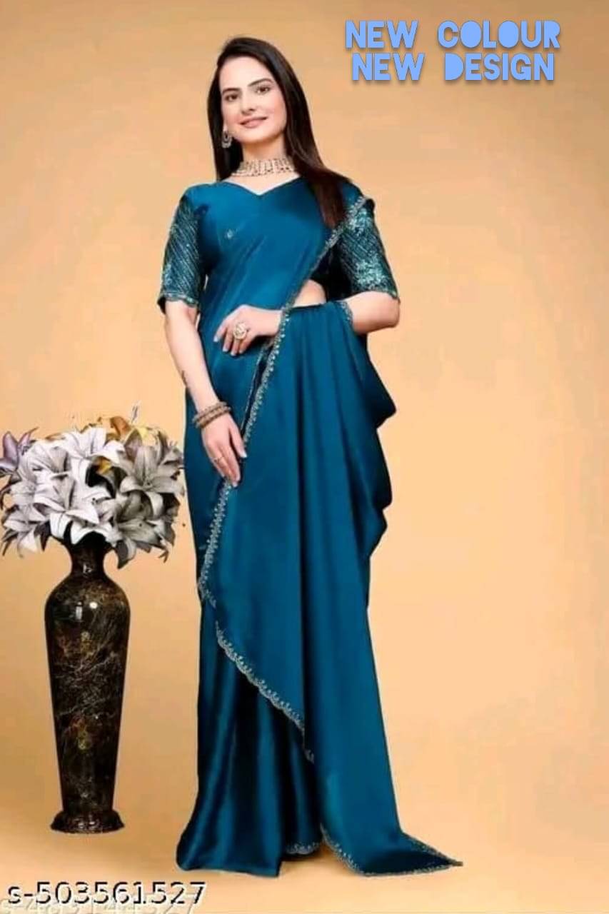 Sureta Silk Blend Solid Saree With Unstitched Blouse Piece ( Blue ) Sureta Silk Blend Solid Saree With Unstitched Blouse Piece ( Blue )