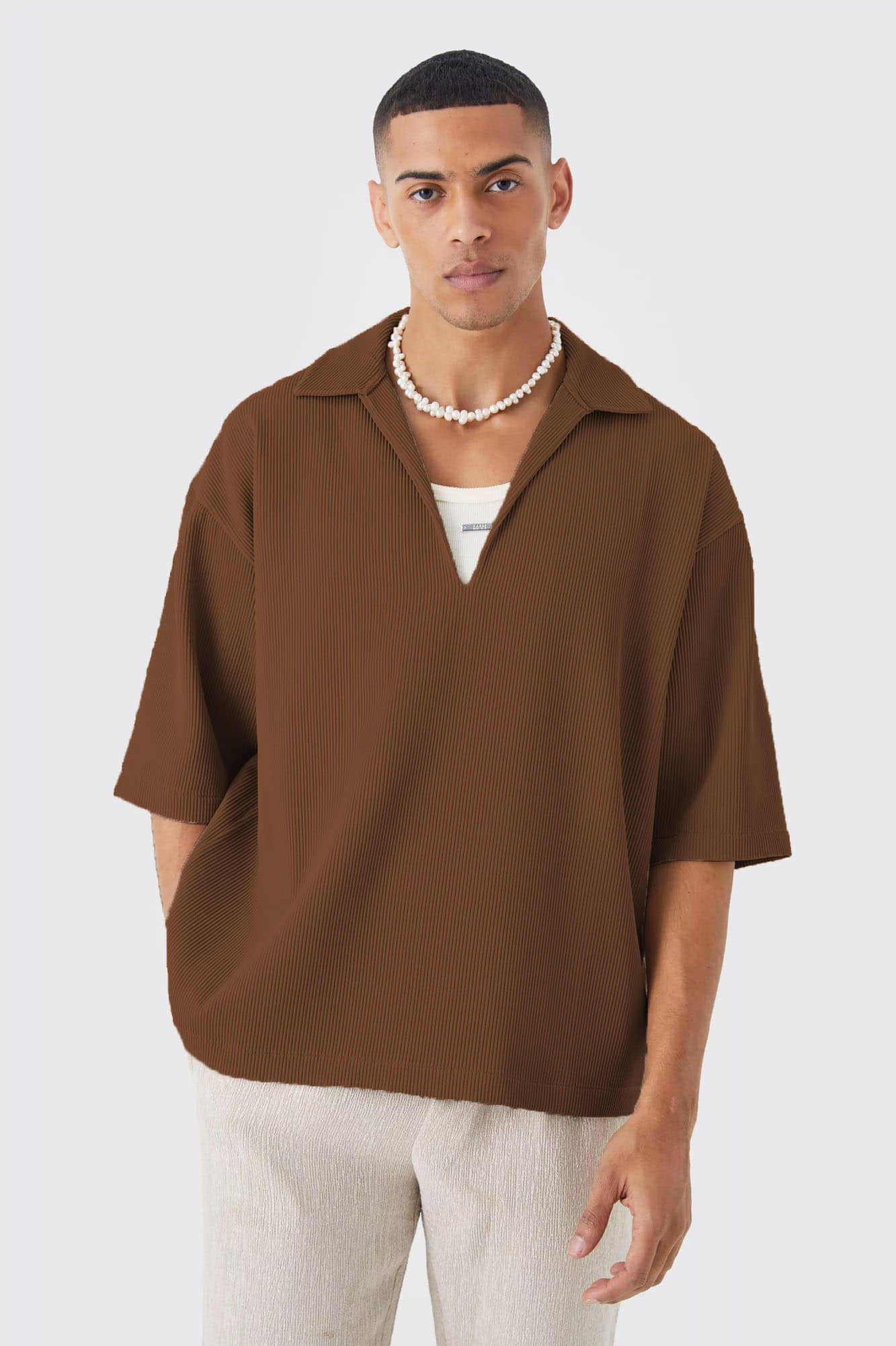 Traquila Men Cotton Blend Oversized Fit Solid Polo T Shirt ( Brown )