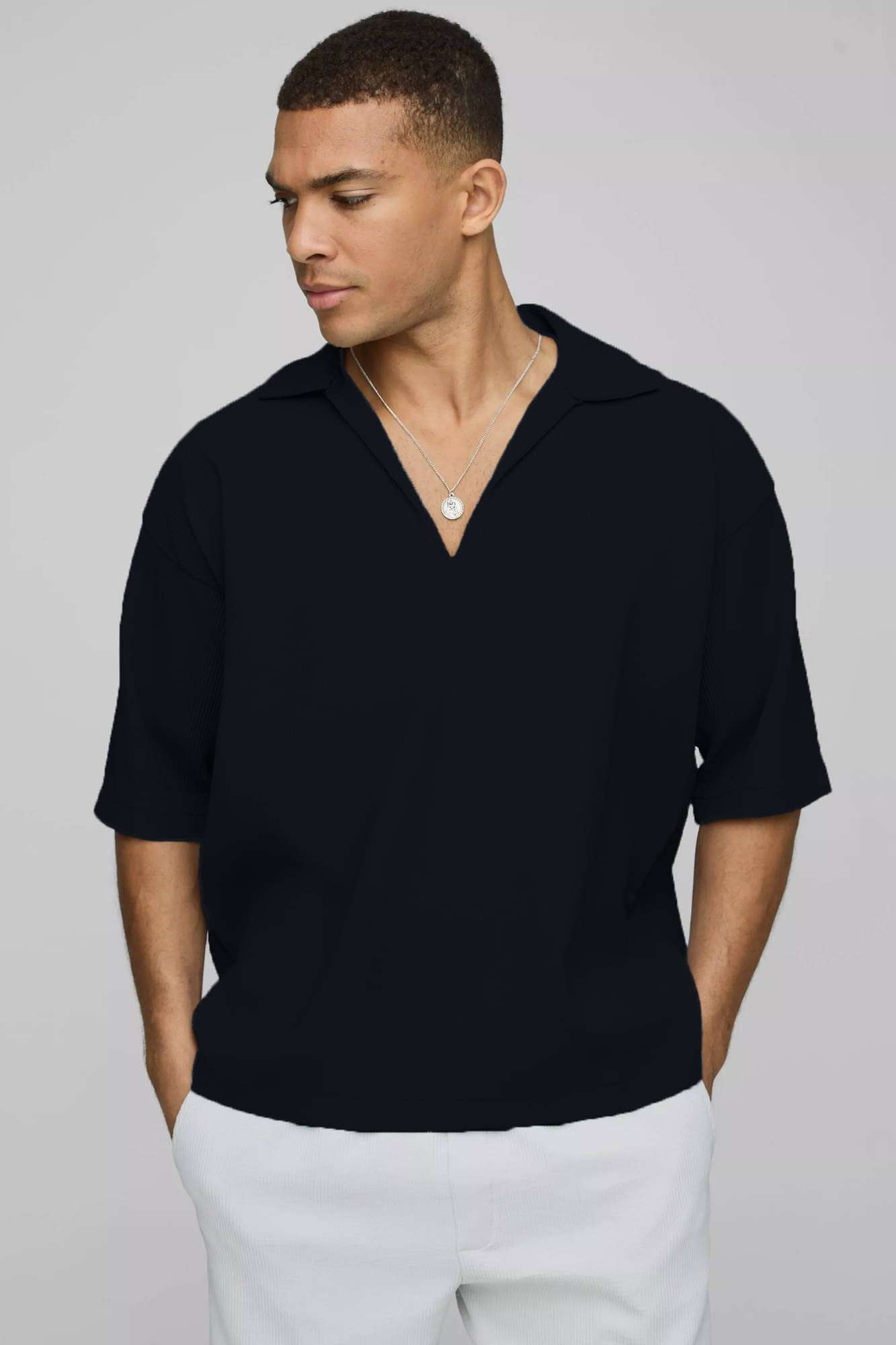 Traquila Men Cotton Blend Oversized Fit Popcorn Textured Polo T Shirt ( Black )     			Traquila Men Cotton Blend Oversized Fit Popcorn Textured Polo T Shirt ( Black )
