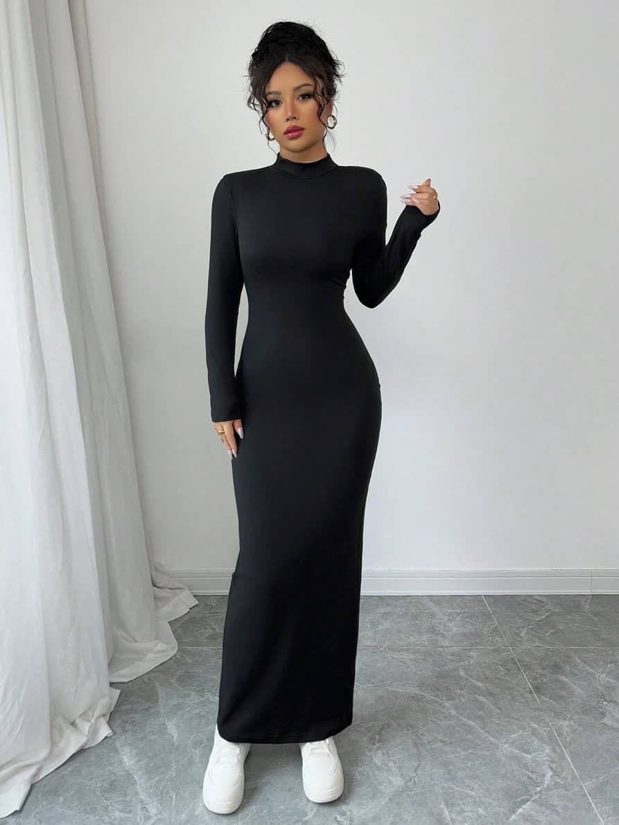 Traquila Women's Lycra Solid Bodycon Dress ( Black )