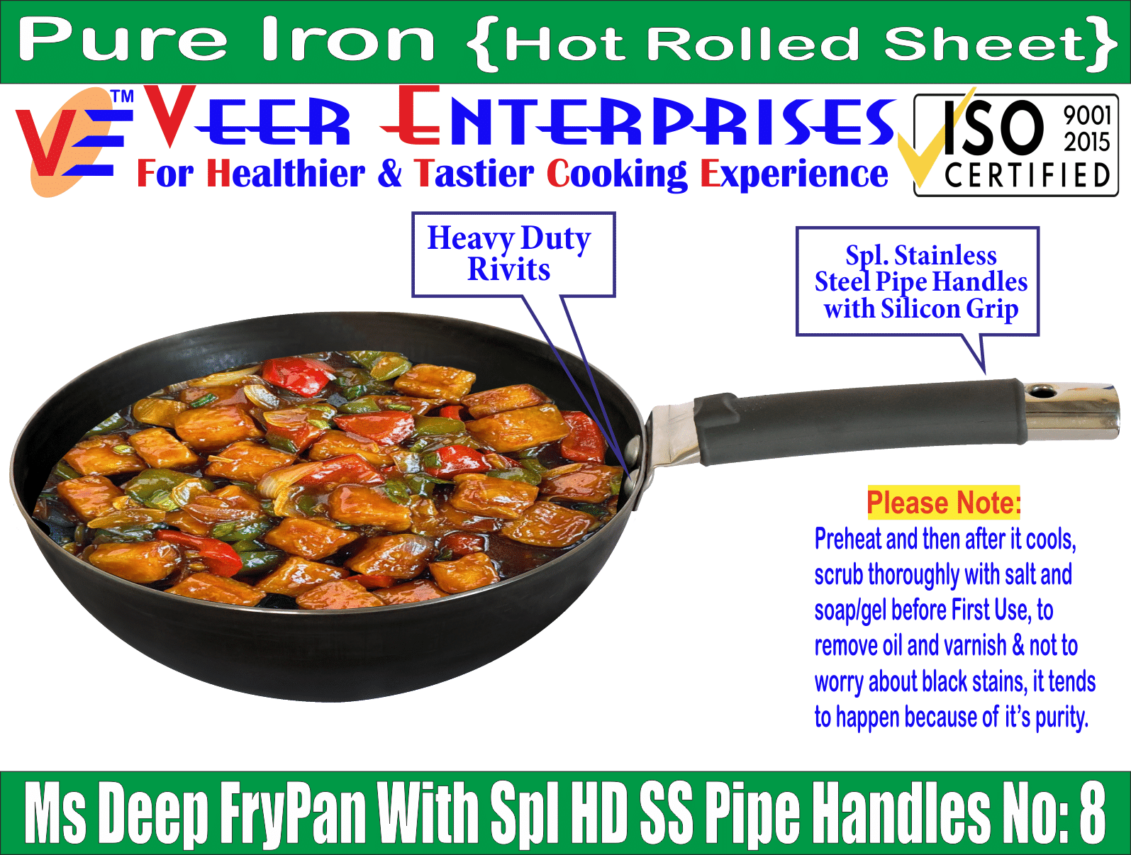 Veer 100% Pure Non coated Iron Wok Heavy Bottom Stainless Steel Handle 2 Thickness mm 20 cm Diameter ( 1 L ) Veer 100% Pure Non coated Iron Wok Heavy Bottom Stainless Steel Handle 2 Thickness mm 20 cm Diameter ( 1 L )