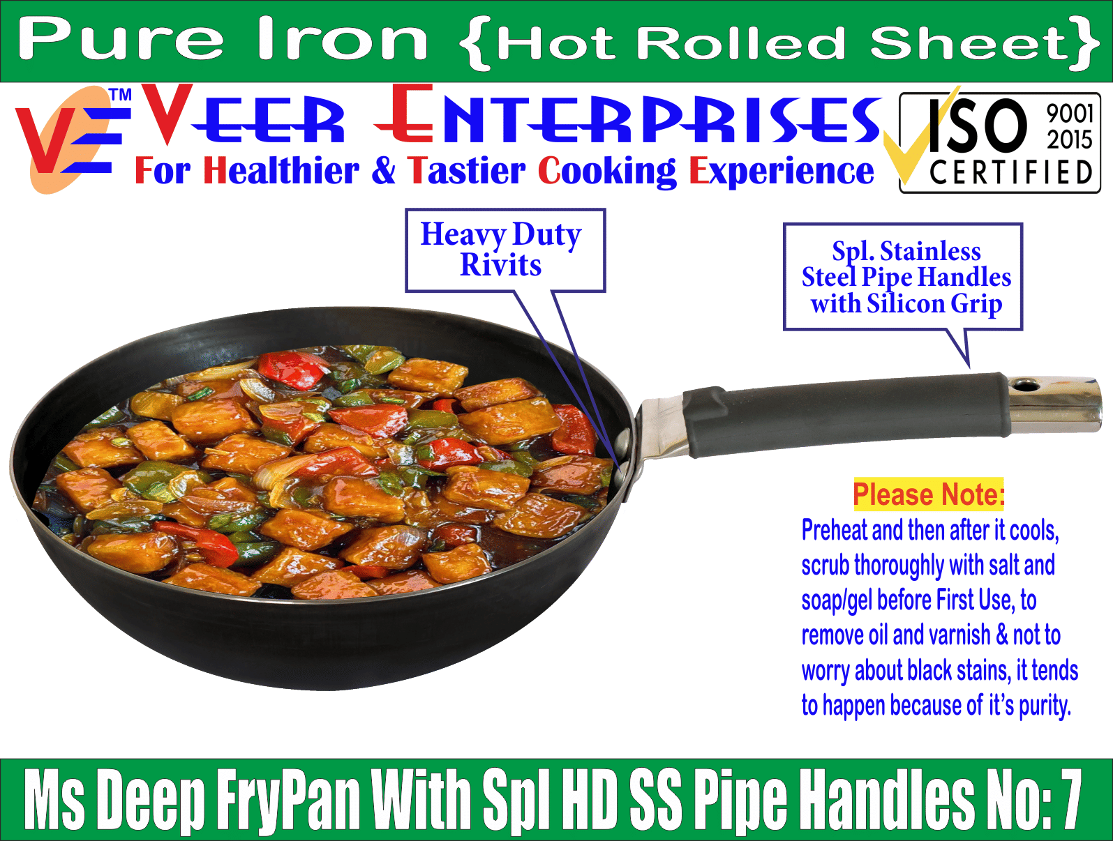     			Veer  100% Pure Non coated Iron Wok Heavy Bottom Stainless Steel Handle 2 Thickness mm 18 cm Diameter ( 0.7 L )