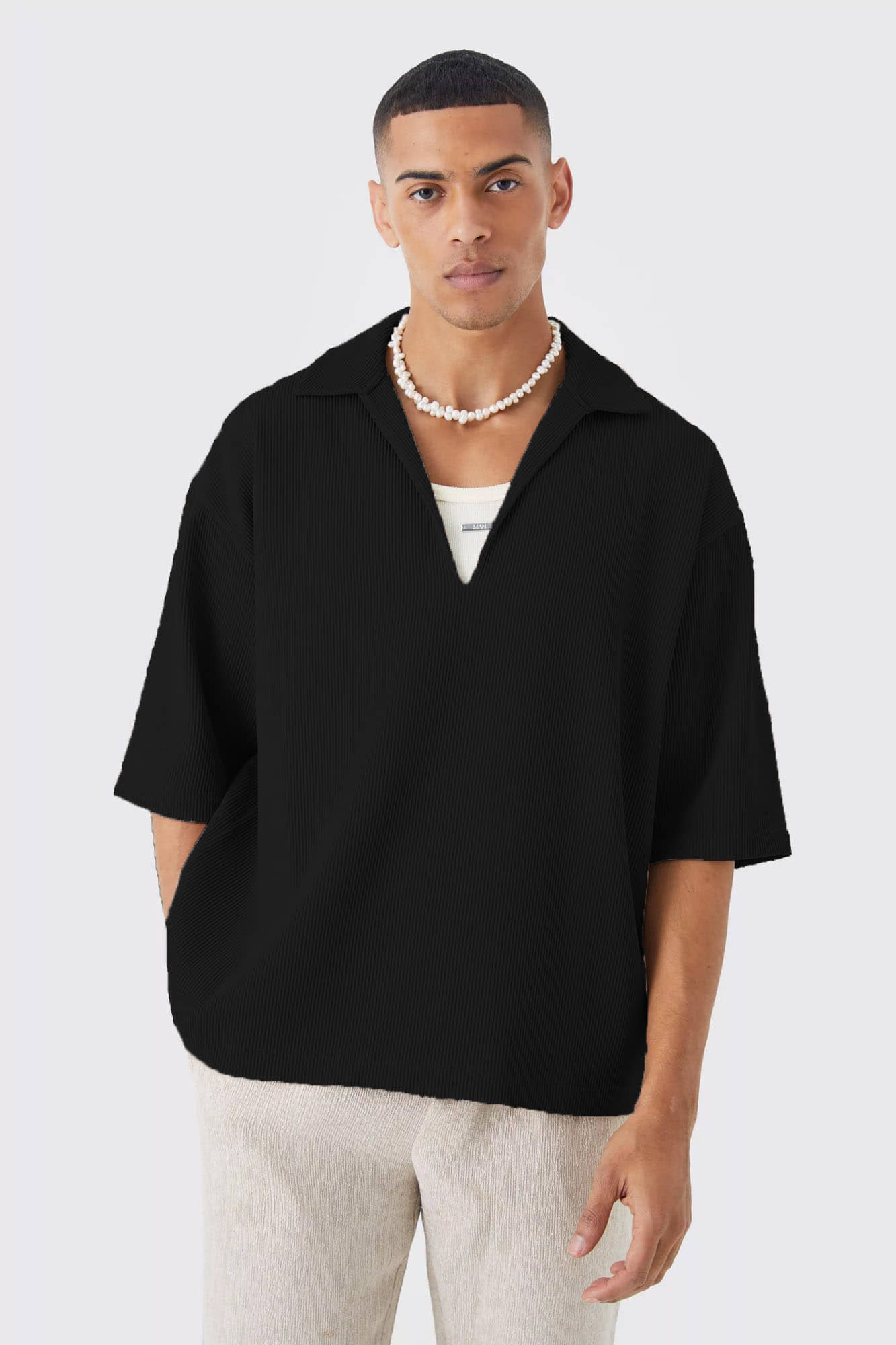 wanquila Men Cotton Blend Oversized Fit Solid Polo T Shirt ( Cream )