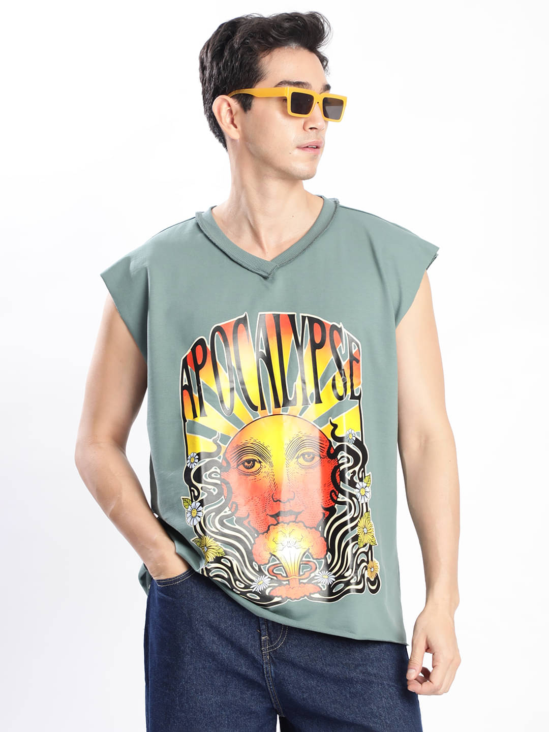     			Bene Kleed Men 100% Cotton Oversized Fit Self Design T-Shirt ( Green )