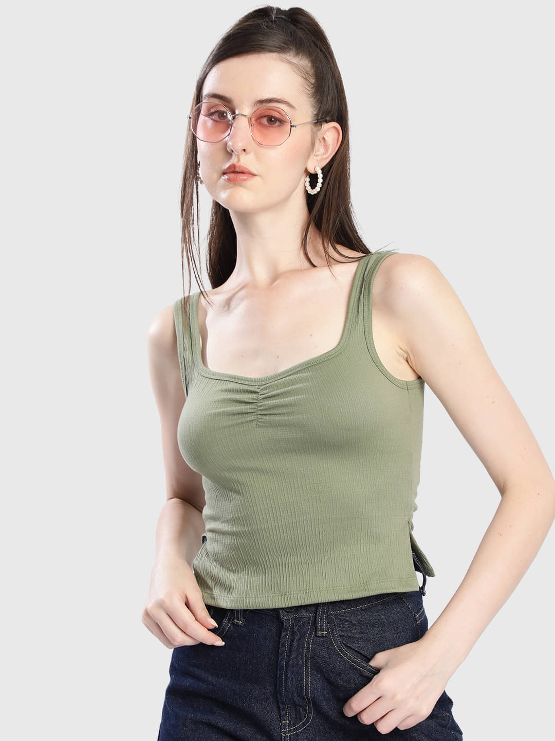     			Bene Kleed Women's Cotton Blend Drawstring Top ( Green )