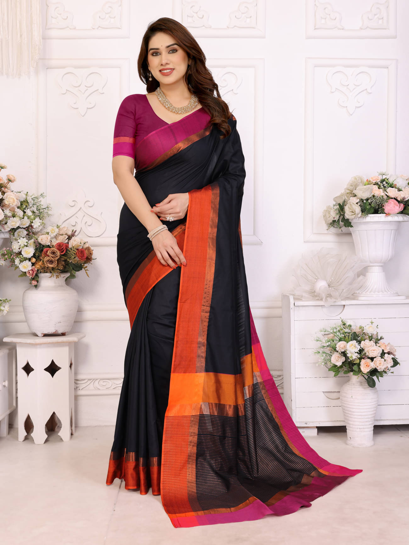 HITESH ENTERPRISE Cotton Silk Solid Saree With Unstitched Blouse Piece ( Black ) HITESH ENTERPRISE Cotton Silk Solid Saree With Unstitched Blouse Piece ( Black )