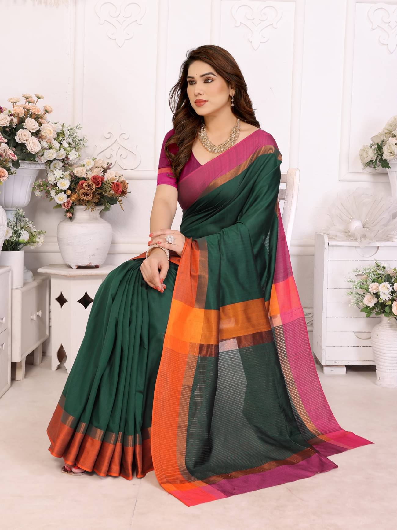     			HITESH ENTERPRISE Cotton Silk Solid Saree With Unstitched Blouse Piece ( Green )
