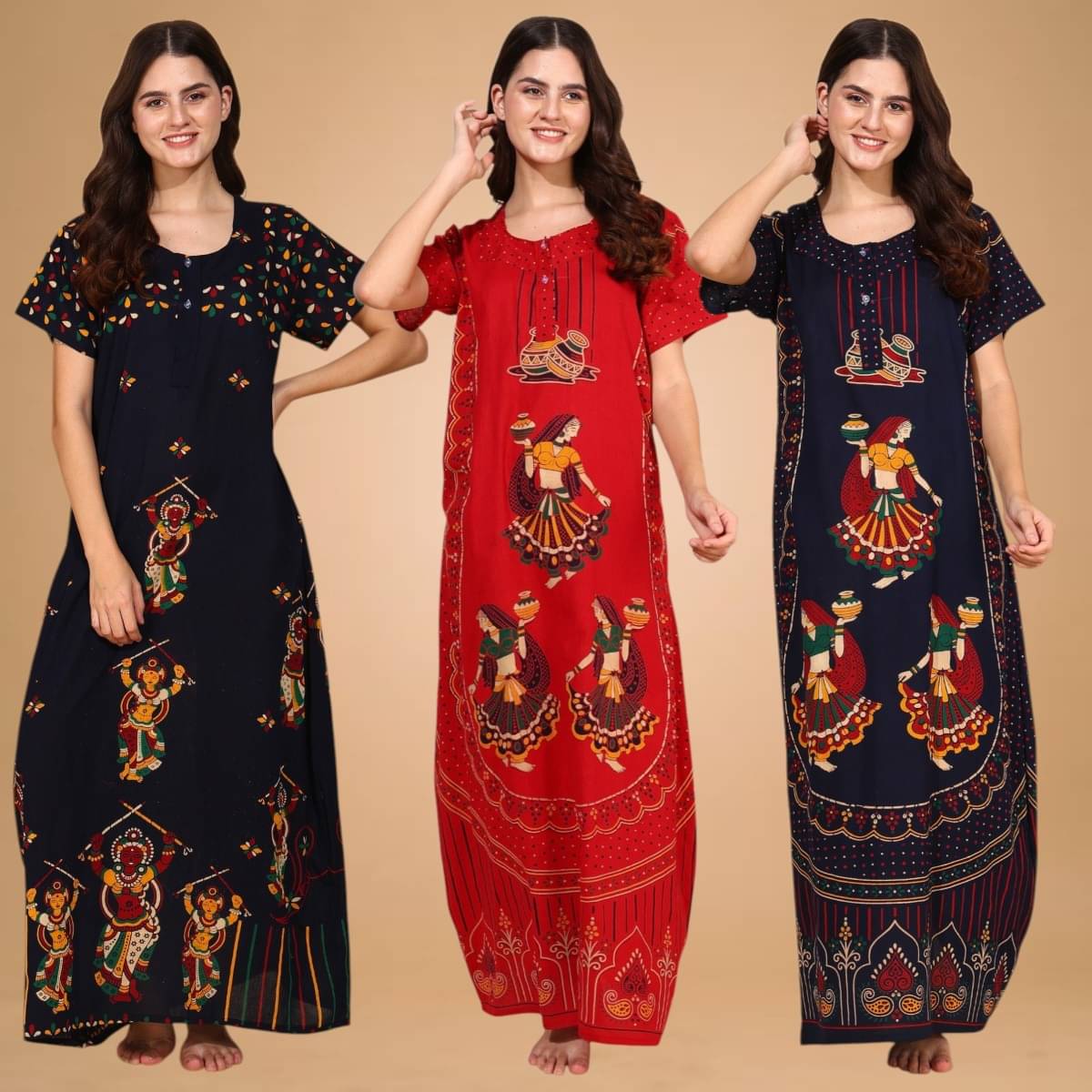 MAHUL MILLS Multicolor Cotton Women's Nightwear Night Dress ( Pack of 3 ) MAHUL MILLS Multicolor Cotton Women's Nightwear Night Dress ( Pack of 3 )