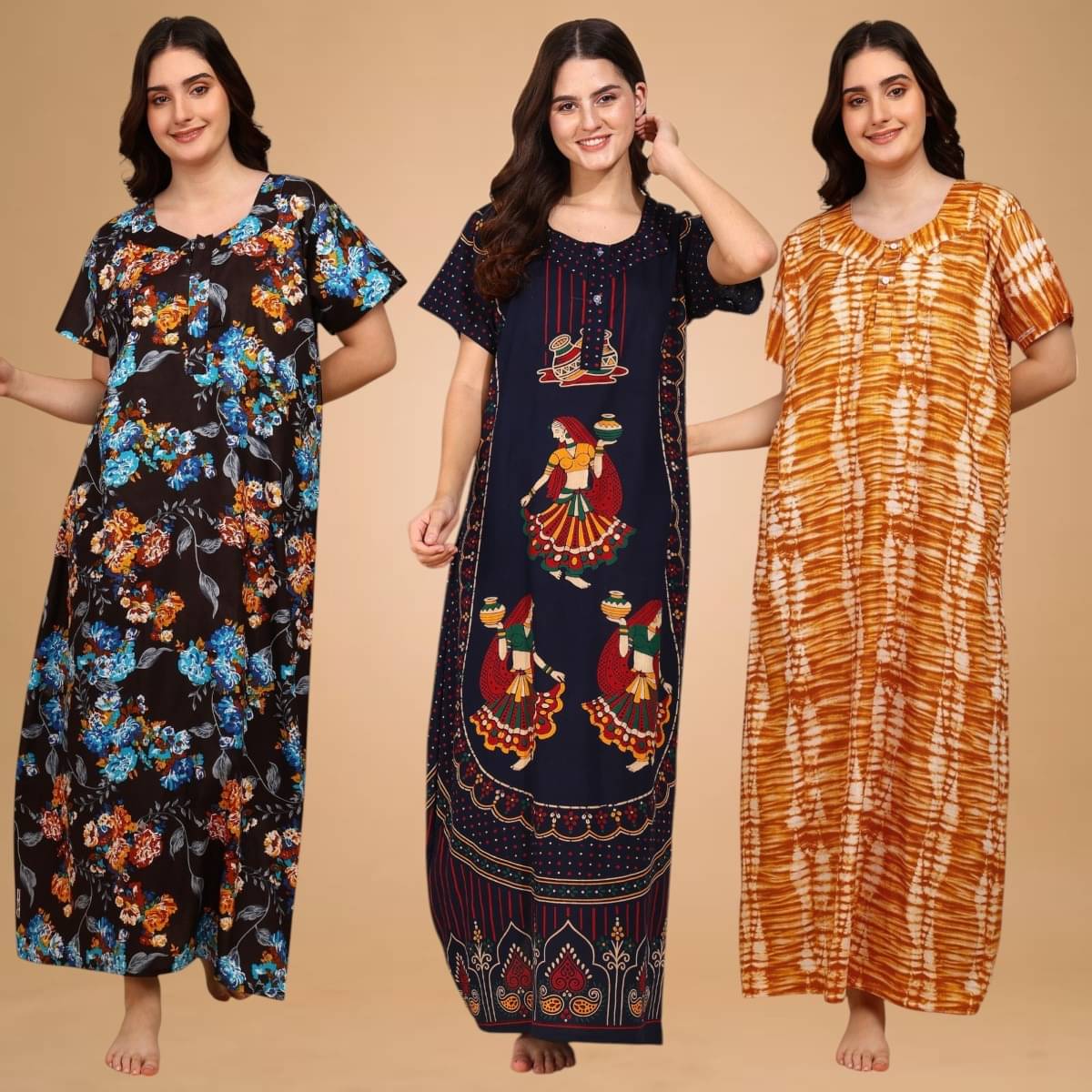 MAHUL MILLS Multicolor Cotton Women's Nightwear Night Dress ( Pack of 3 ) MAHUL MILLS Multicolor Cotton Women's Nightwear Night Dress ( Pack of 3 )