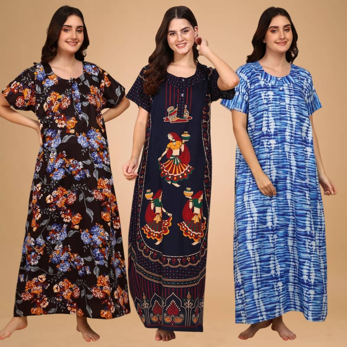    			MAHUL MILLS Multicolor Cotton Women's Nightwear Night Dress ( Pack of 3 )
