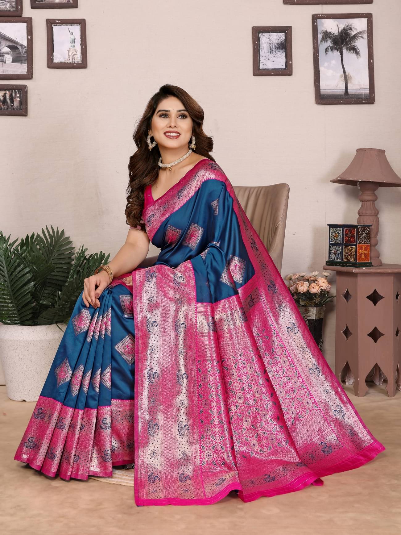     			NightBlue Banarasi Silk Embellished Saree With Unstitched Blouse Piece ( Blue )