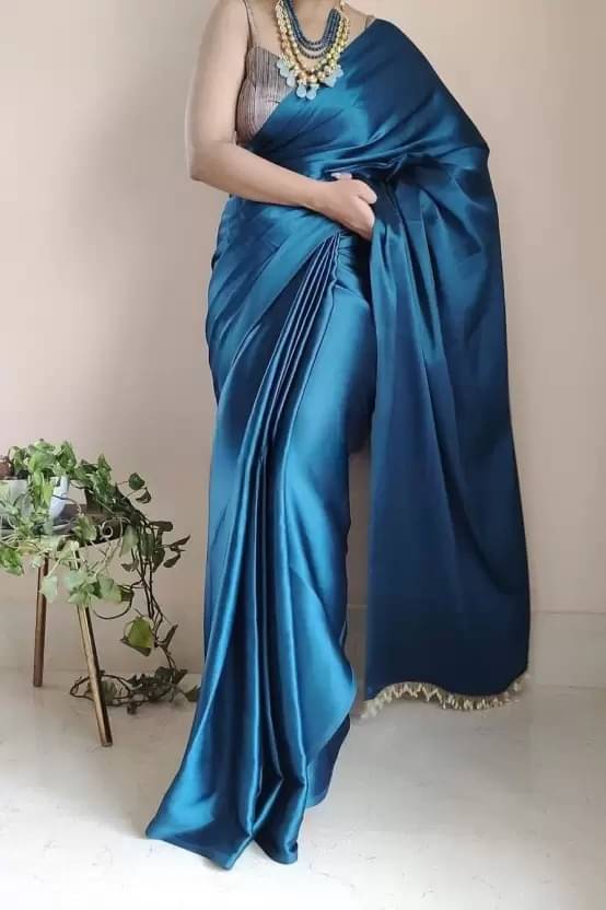 Saadhvi Satin Solid Saree With Unstitched Blouse Piece ( Blue ) Saadhvi Satin Solid Saree With Unstitched Blouse Piece ( Blue )