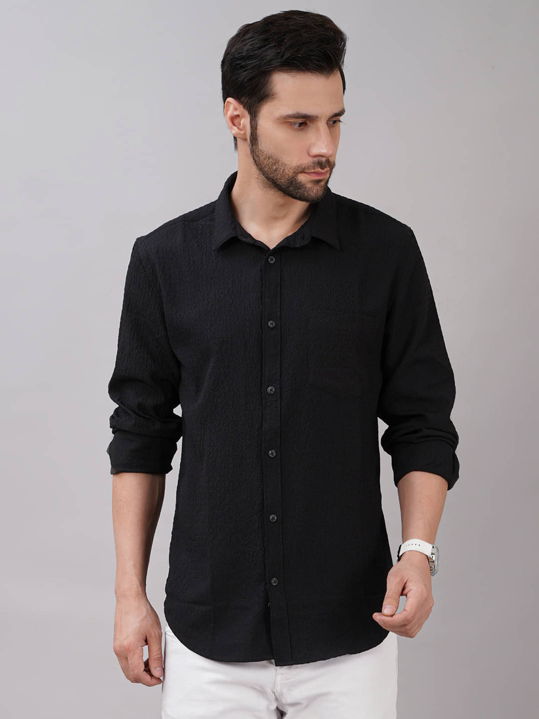     			Sand Dunes Elastane Slim Fit Self Design Full Sleeves Men's Casual Shirt - Black ( Pack of 1 )