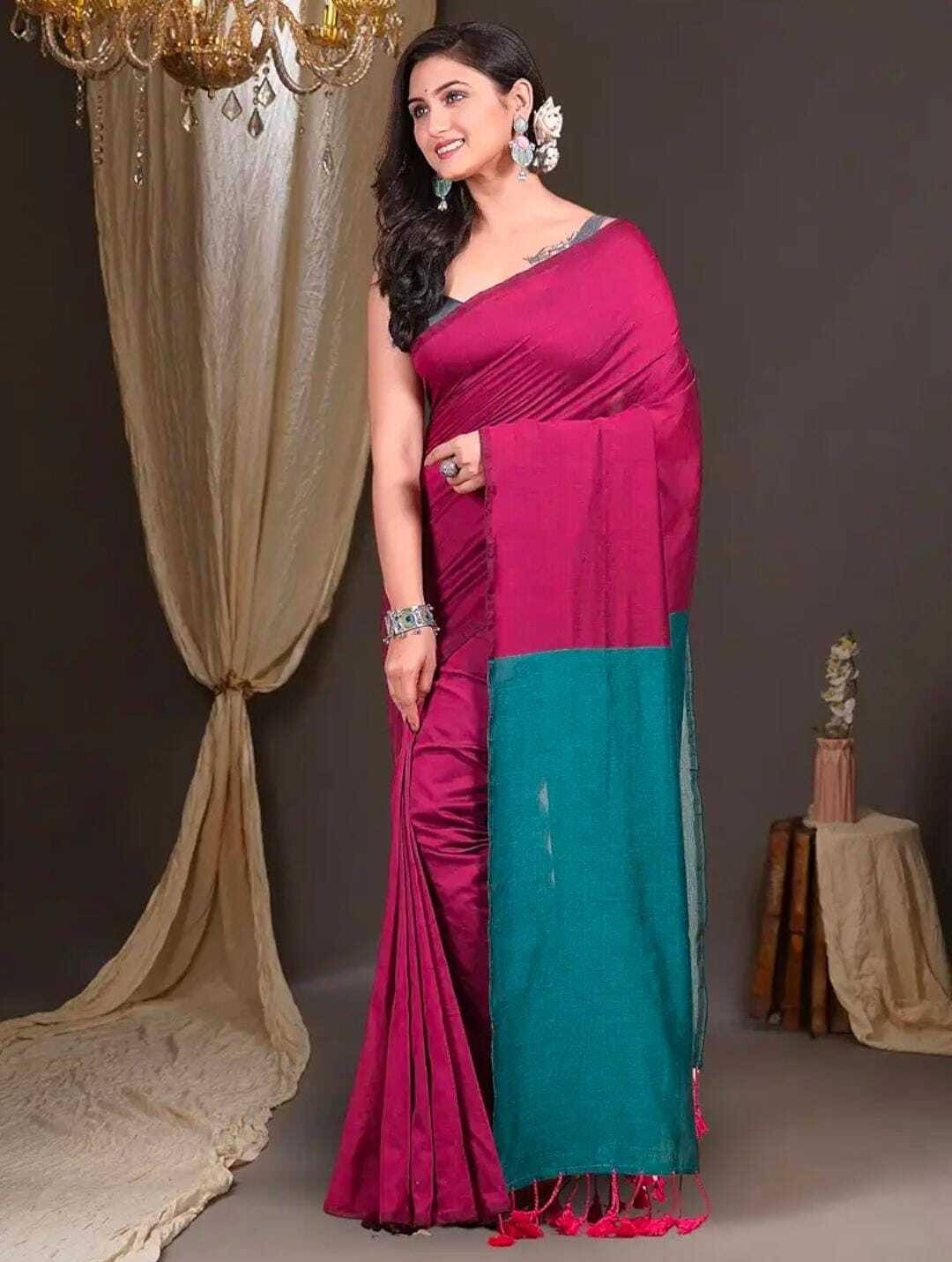     			BRYNBRIT Cotton Blend Colorblock Saree With Unstitched Blouse Piece ( Green )