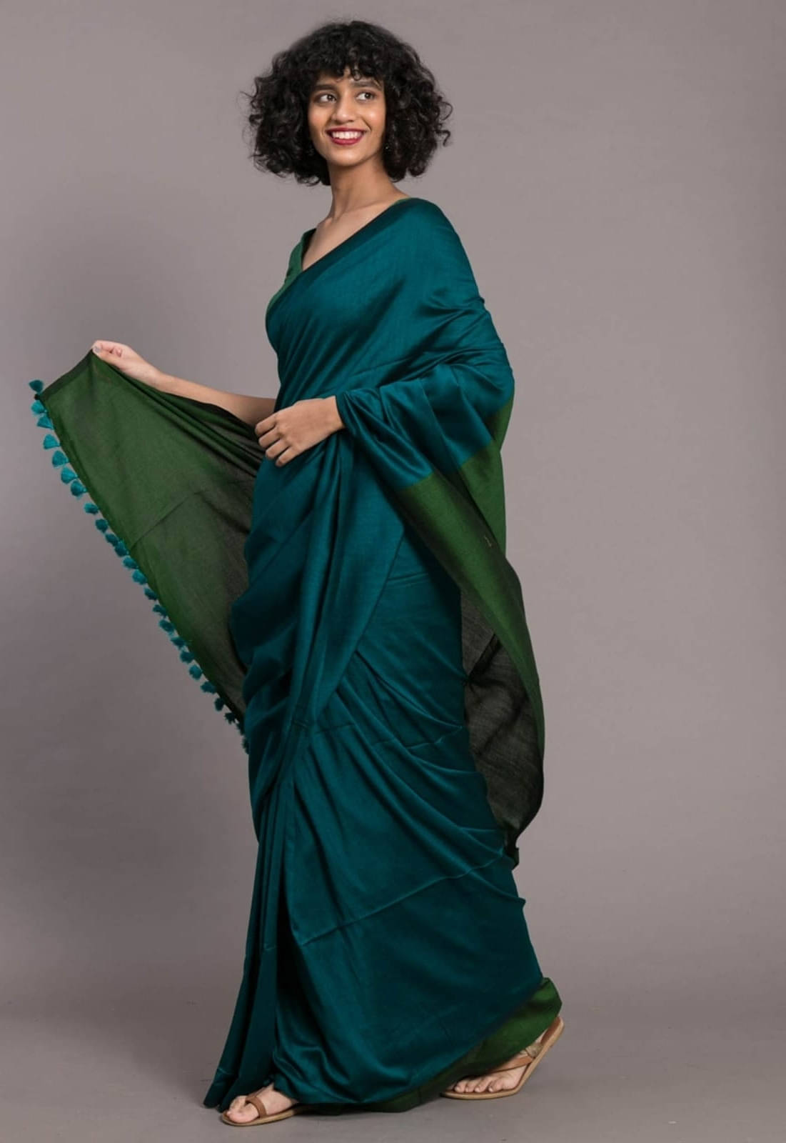     			BRYNBRIT Cotton Blend Colorblock Saree With Unstitched Blouse Piece ( Teal )
