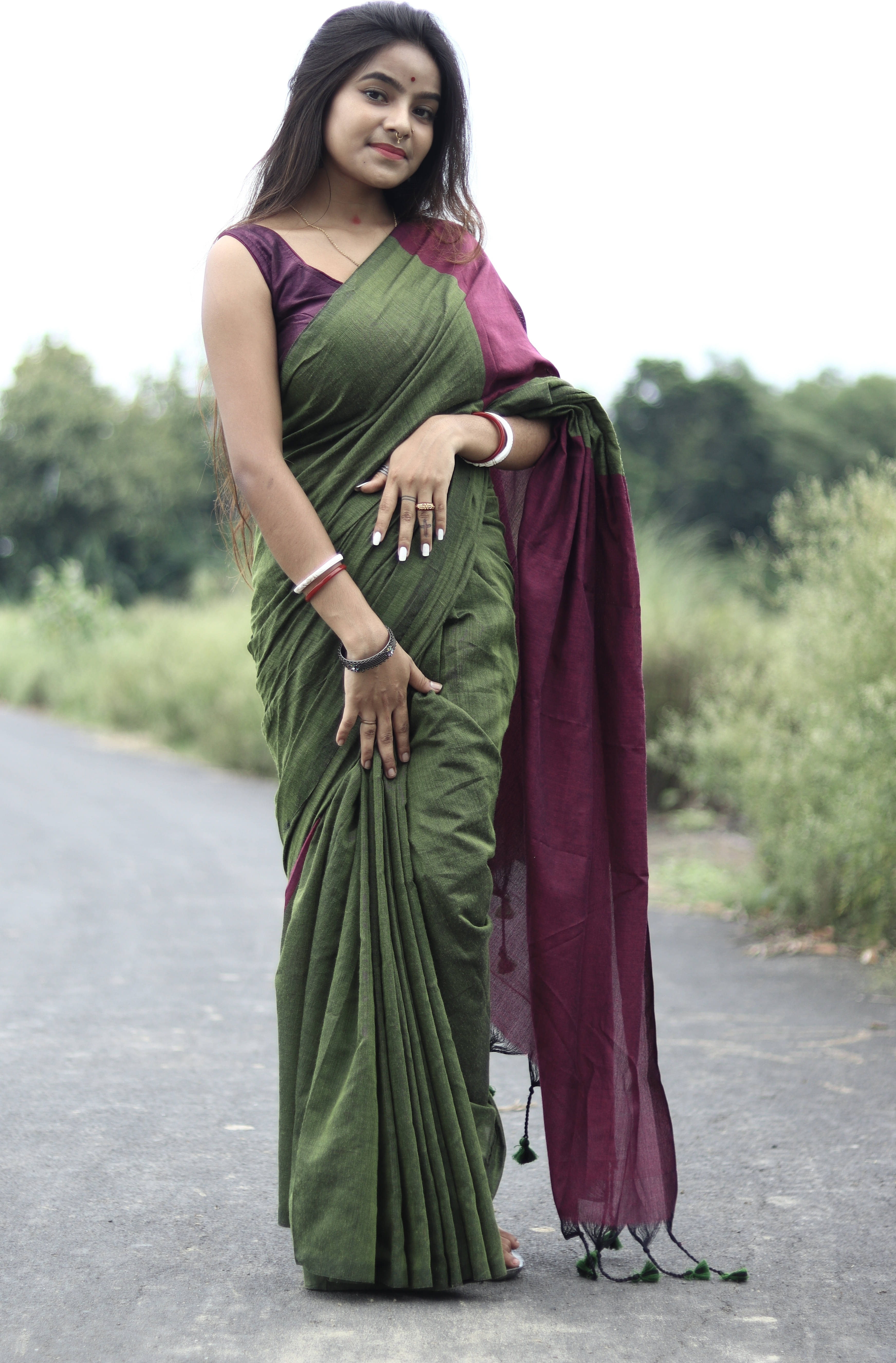     			BRYNBRIT Cotton Blend Colorblock Saree With Unstitched Blouse Piece ( Multicolor )