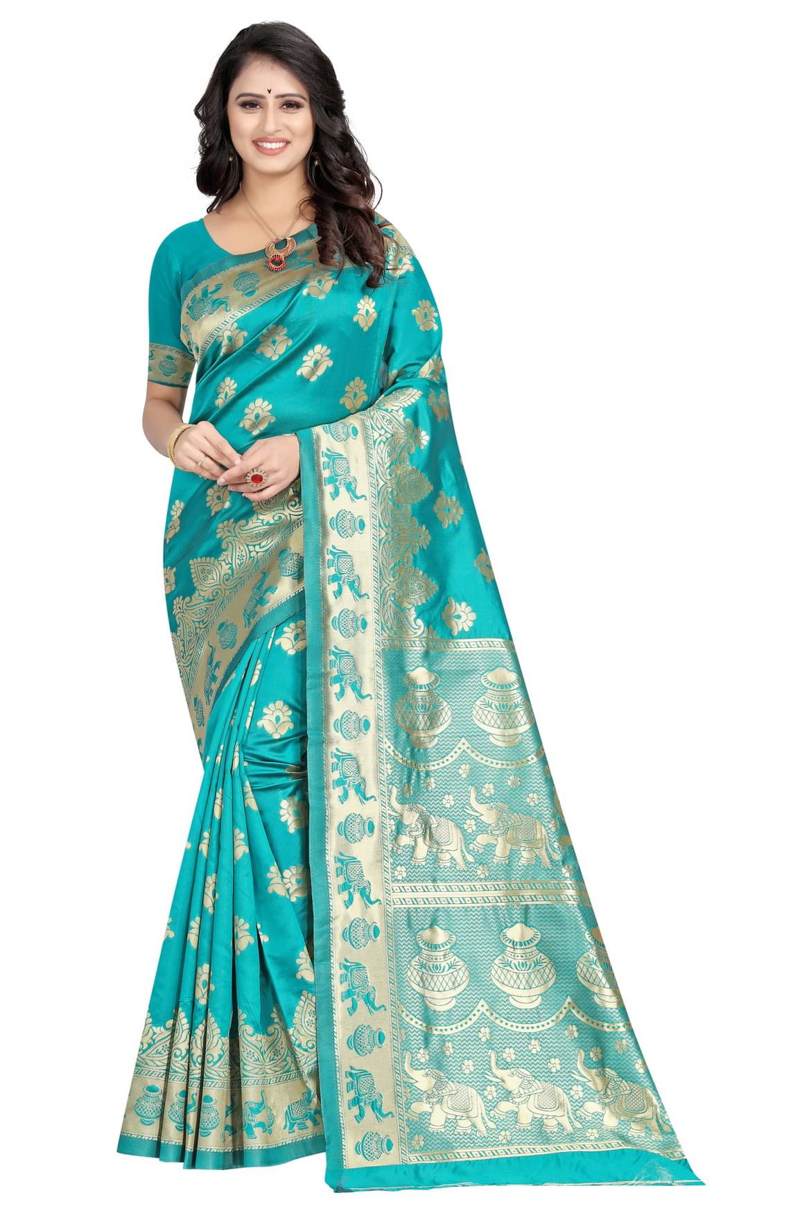     			DHAYNA AND REEWA FASHION Jacquard Woven Saree With Unstitched Blouse Piece ( Teal )