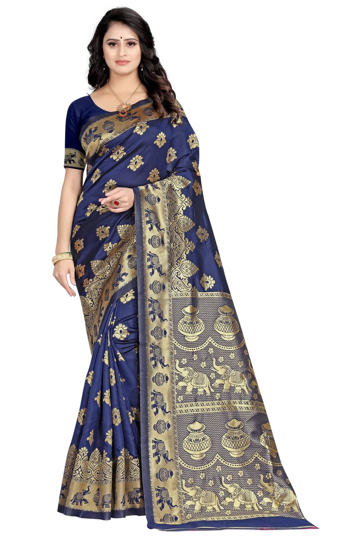 DHAYNA AND REEWA FASHION Jacquard Woven Saree With Unstitched Blouse Piece ( Navy Blue ) DHAYNA AND REEWA FASHION Jacquard Woven Saree With Unstitched Blouse Piece ( Navy Blue )