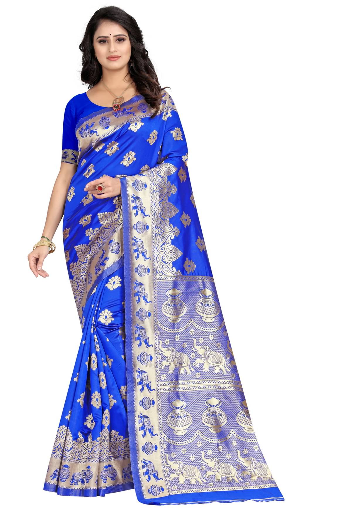     			DHAYNA AND REEWA FASHION Jacquard Woven Saree With Unstitched Blouse Piece ( Blue )