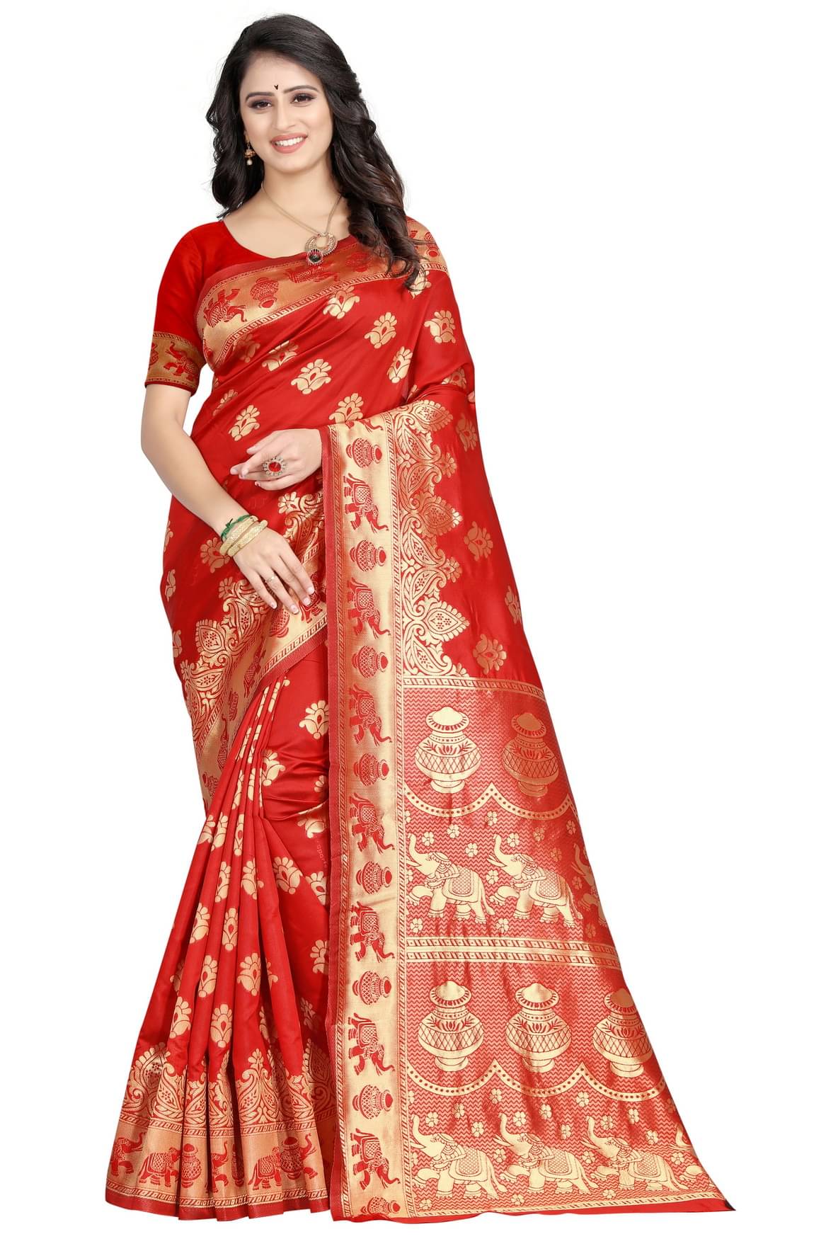     			DHAYNA AND REEWA FASHION Jacquard Woven Saree With Unstitched Blouse Piece ( Red )