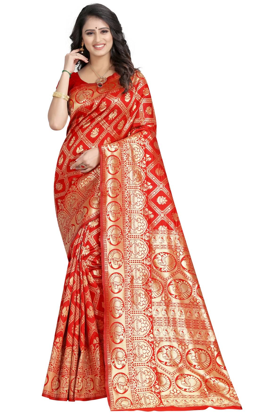     			DHAYNA AND REEWA FASHION Jacquard Woven Saree With Unstitched Blouse Piece ( Red )