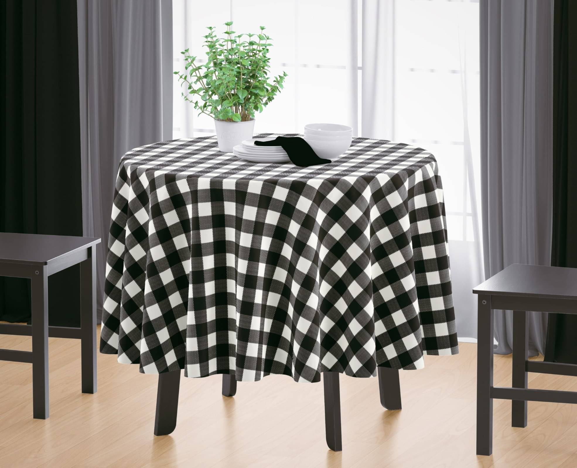     			Home Colors Checks Cotton 4 Seater Round Table Cover ( 153 x 153 ) cm Pack of 1 Black
