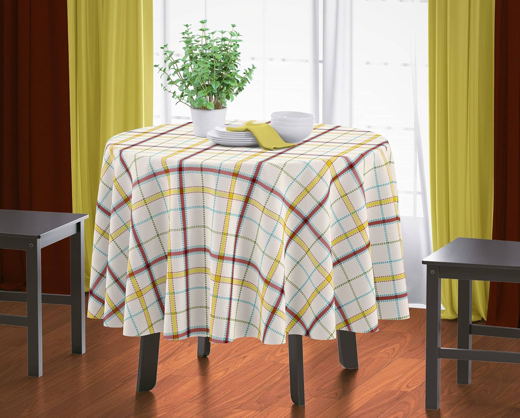     			Home Colors Checks Cotton Blend 4 Seater Round Table Cover ( 153 x 153 ) cm Pack of 1 Multi