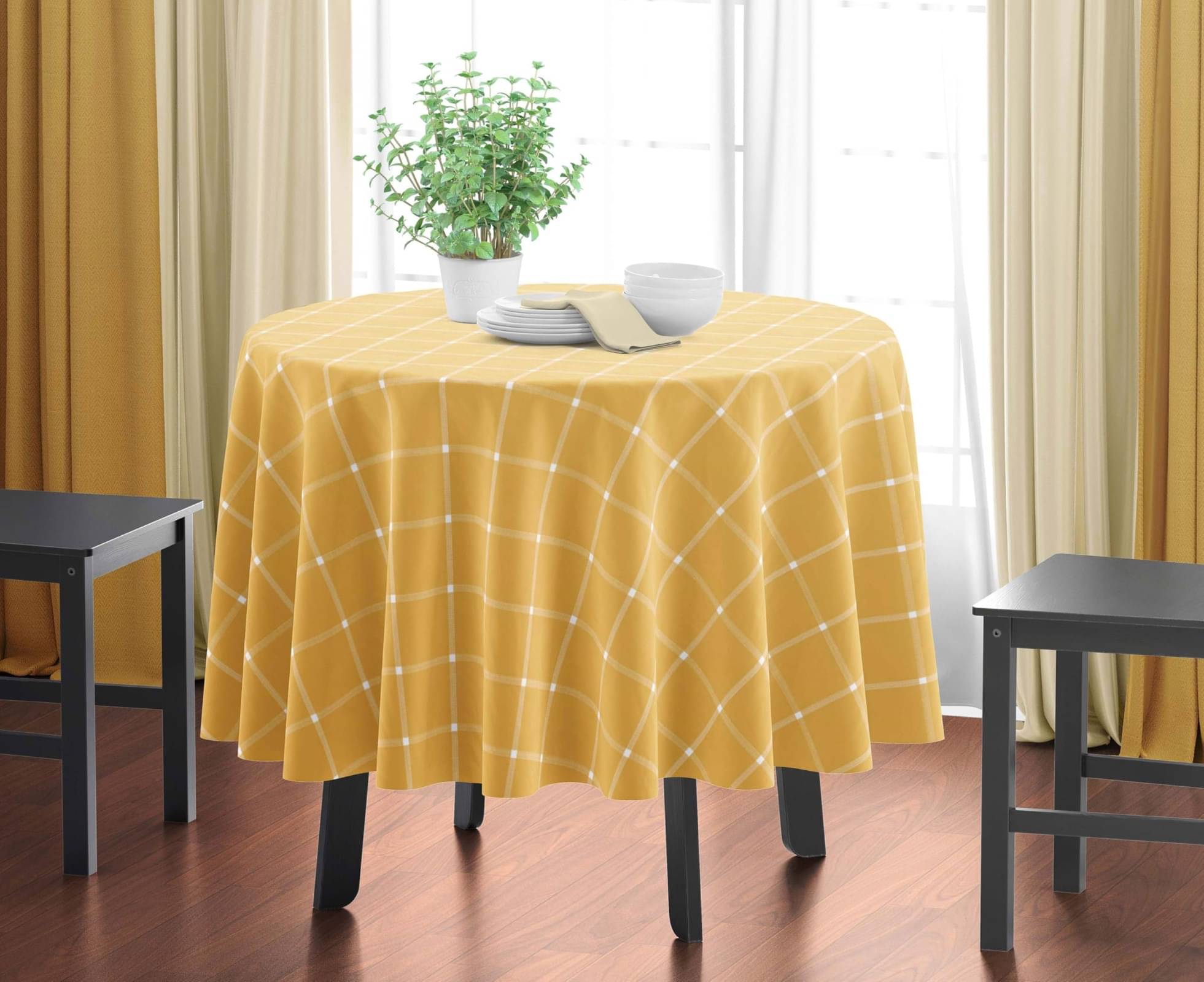     			Home Colors Checks Cotton Blend 4 Seater Round Table Cover ( 153 x 153 ) cm Pack of 1 Yellow