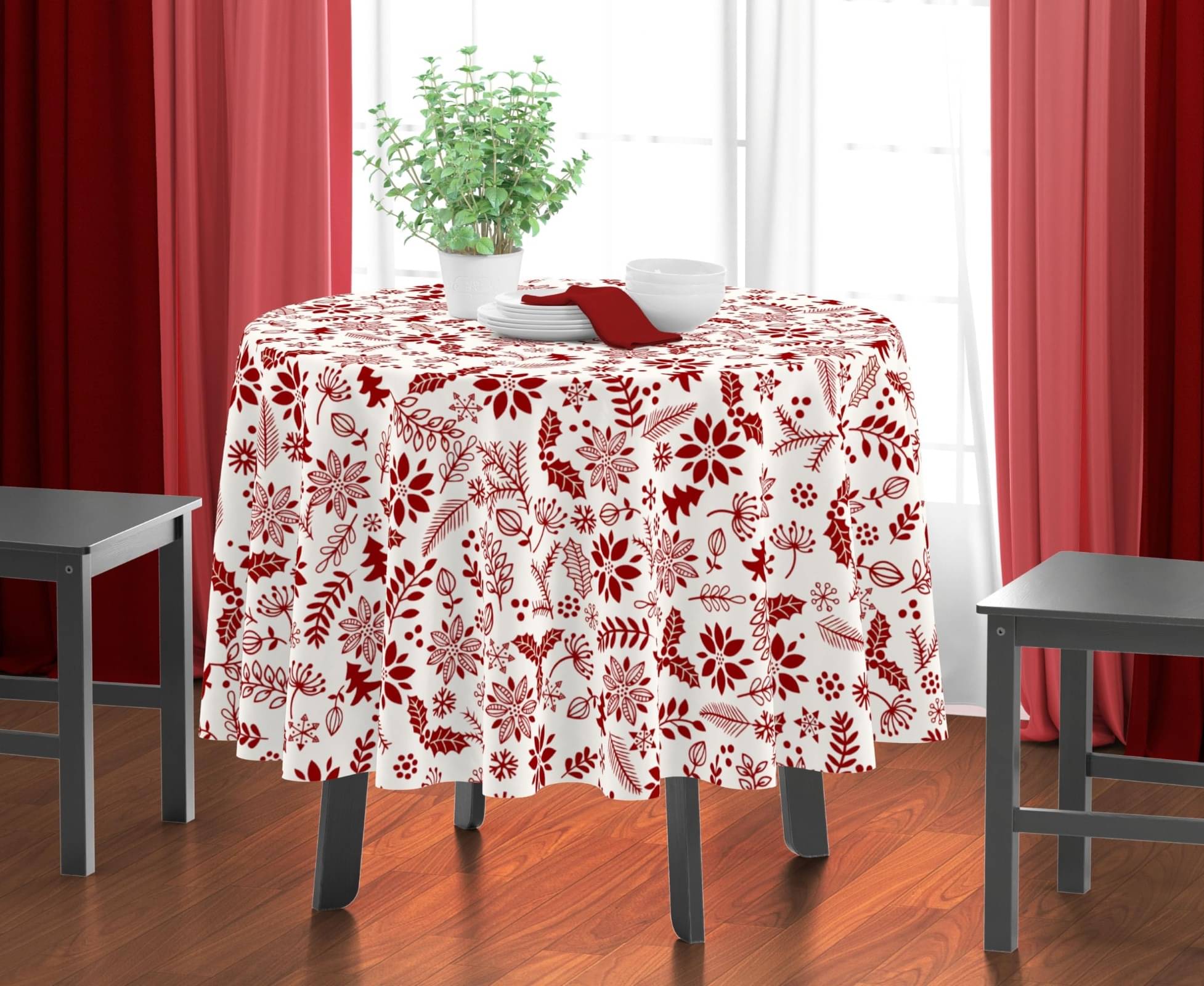    			Home Colors Printed Cotton 4 Seater Round Table Cover ( 152 x 152 ) cm Pack of 1 Red