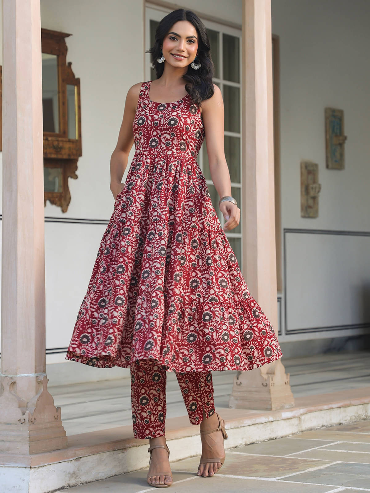 Janasya Women's Cotton Printed Kurti With Pants ( Maroon ) Janasya Women's Cotton Printed Kurti With Pants ( Maroon )