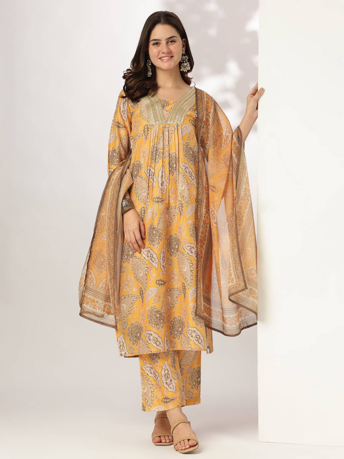     			Janasya Women's Silk Blend Printed Kurti With Pants ( Mustard )