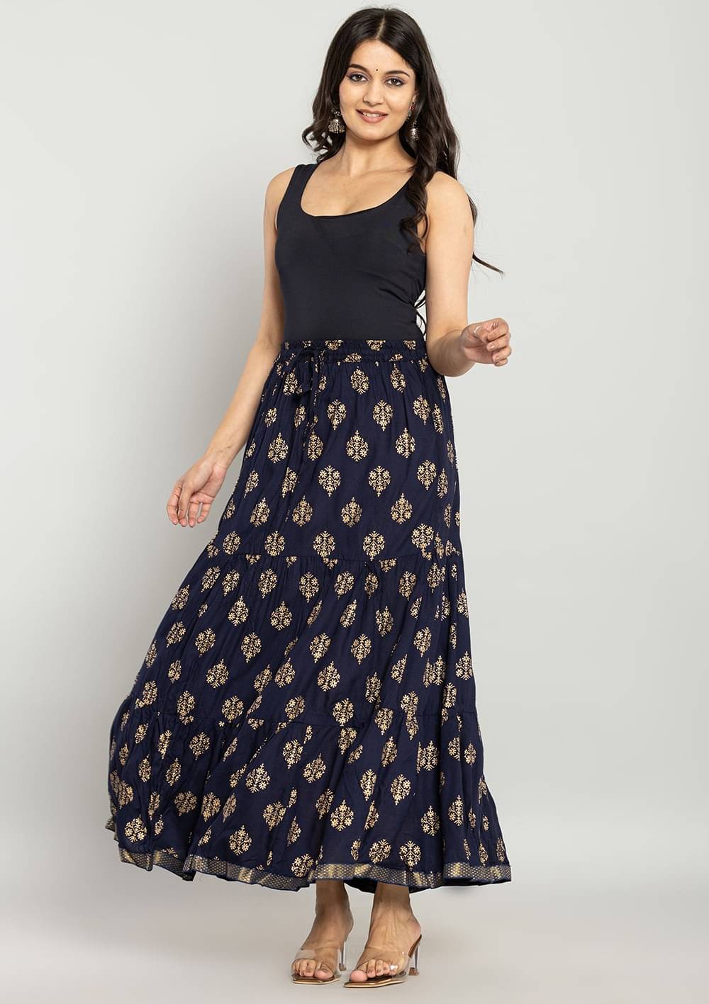Kumbhaj Navy Blue Rayon Women's Flared Skirt ( Pack of 1 )     			Kumbhaj Navy Blue Rayon Women's Flared Skirt ( Pack of 1 )