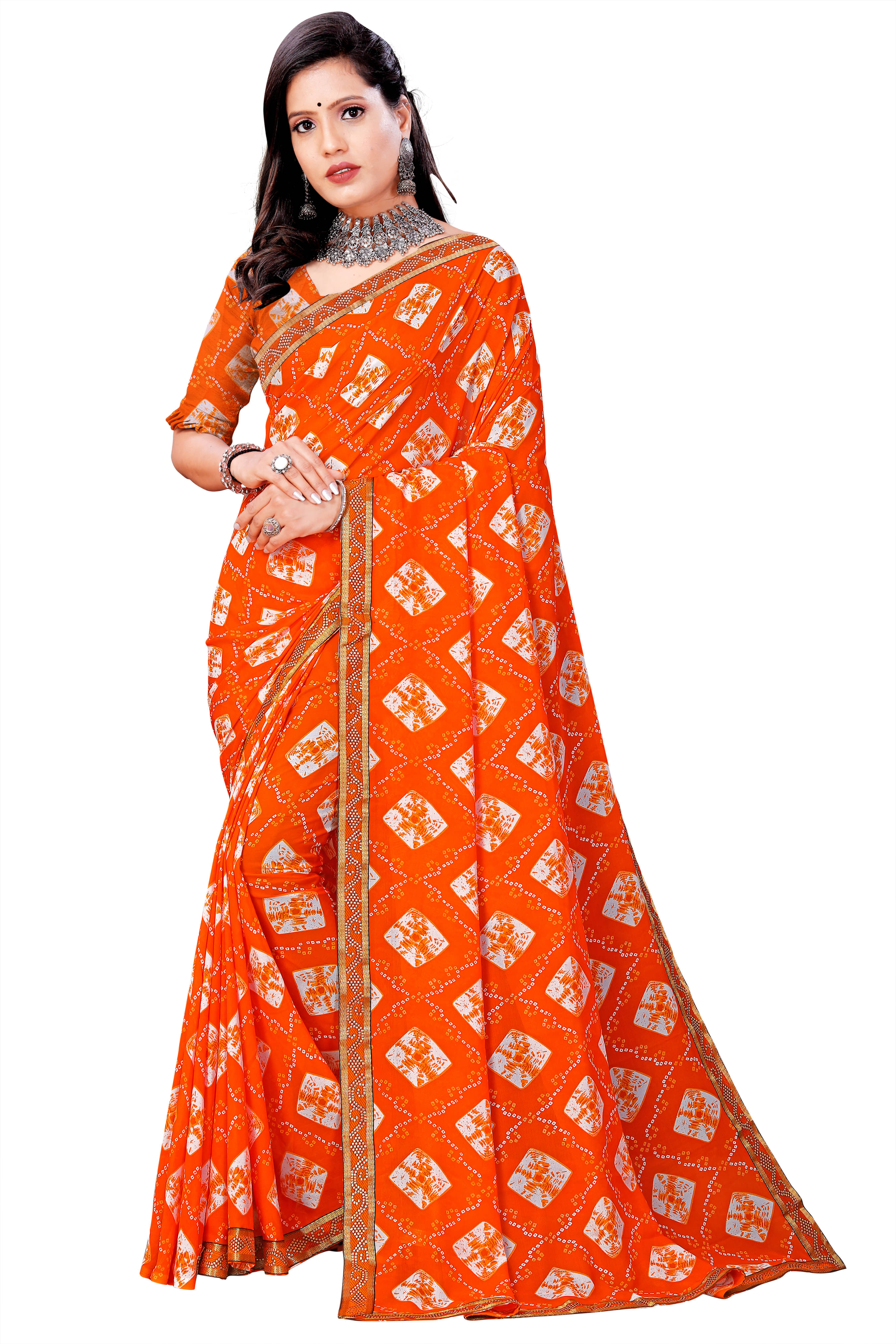Maayro Georgette Printed Saree With Unstitched Blouse Piece ( Orange ) Maayro Georgette Printed Saree With Unstitched Blouse Piece ( Orange )