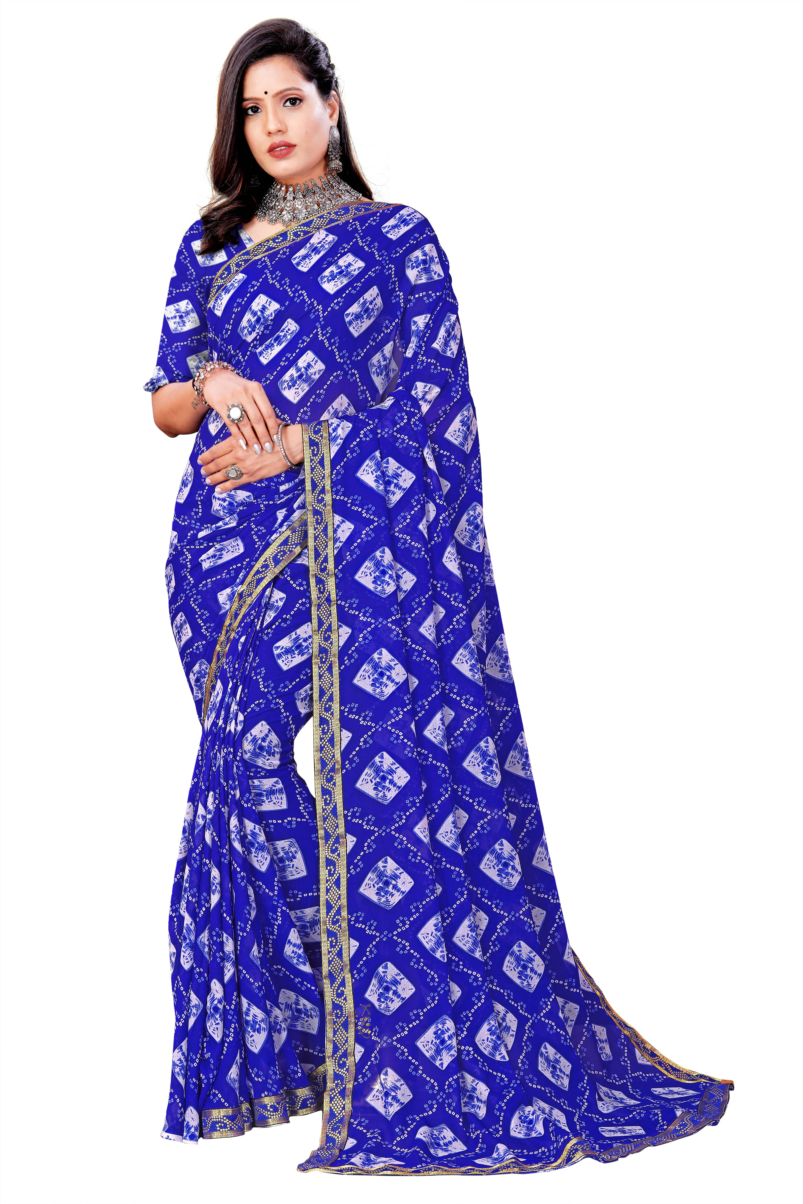     			Maayro Georgette Printed Saree With Unstitched Blouse Piece ( Blue )