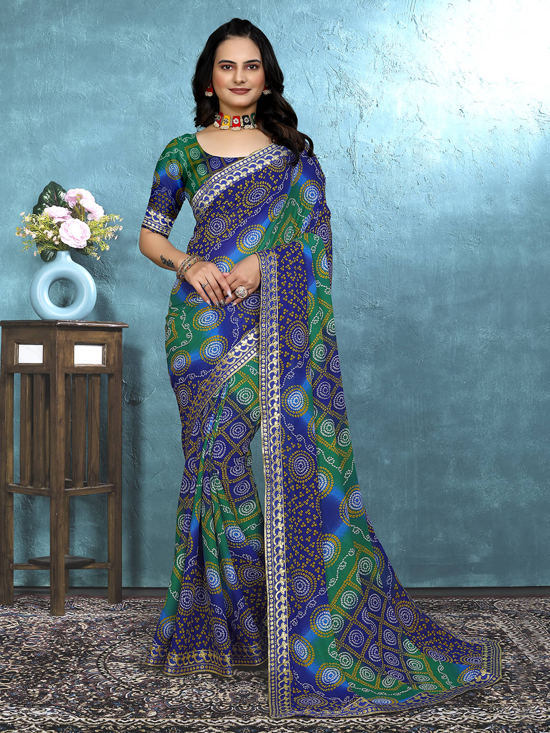     			Maayro Georgette Printed Saree With Unstitched Blouse Piece ( Blue )