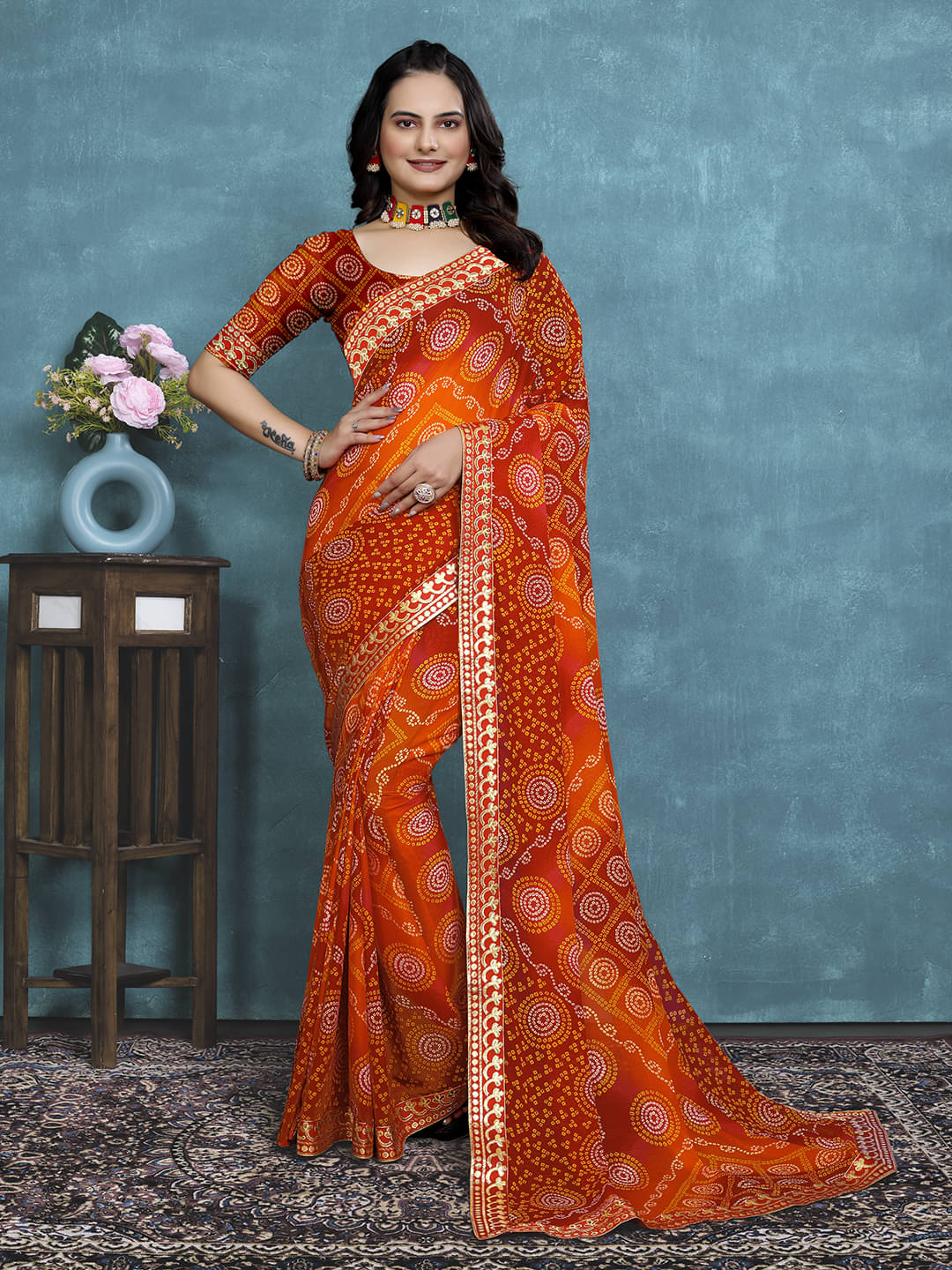 Maayro Georgette Printed Saree With Unstitched Blouse Piece ( Red ) Maayro Georgette Printed Saree With Unstitched Blouse Piece ( Red )