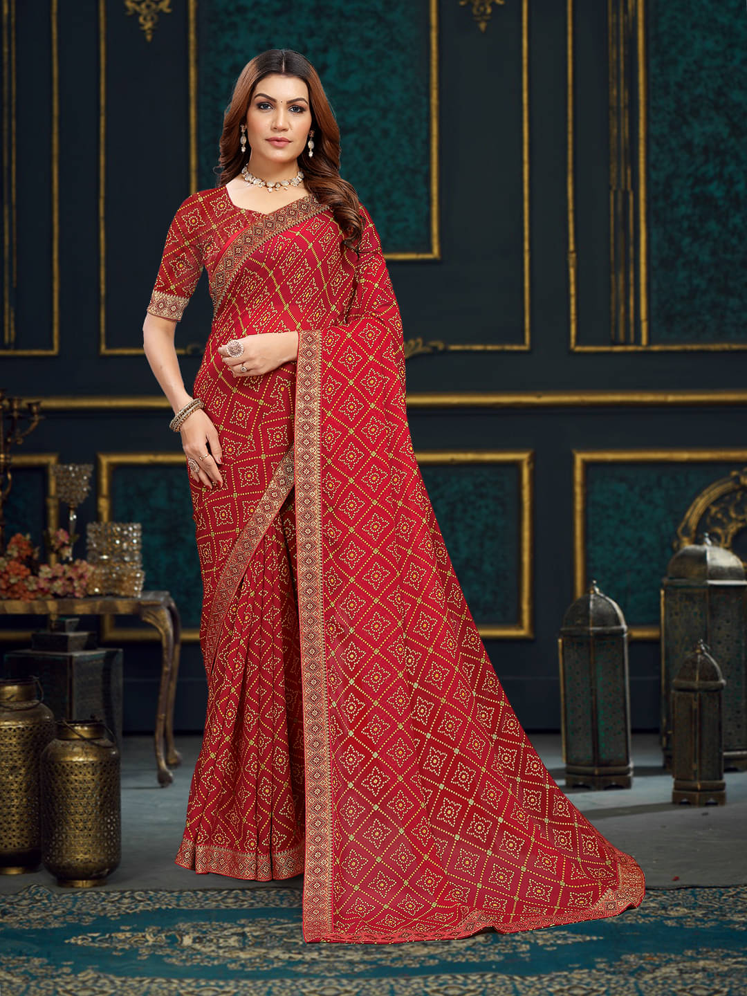 Maayro Georgette Printed Saree With Unstitched Blouse Piece ( Red ) Maayro Georgette Printed Saree With Unstitched Blouse Piece ( Red )
