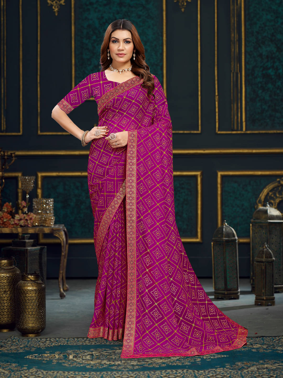 Maayro Georgette Printed Saree With Unstitched Blouse Piece ( Rani ) Maayro Georgette Printed Saree With Unstitched Blouse Piece ( Rani )